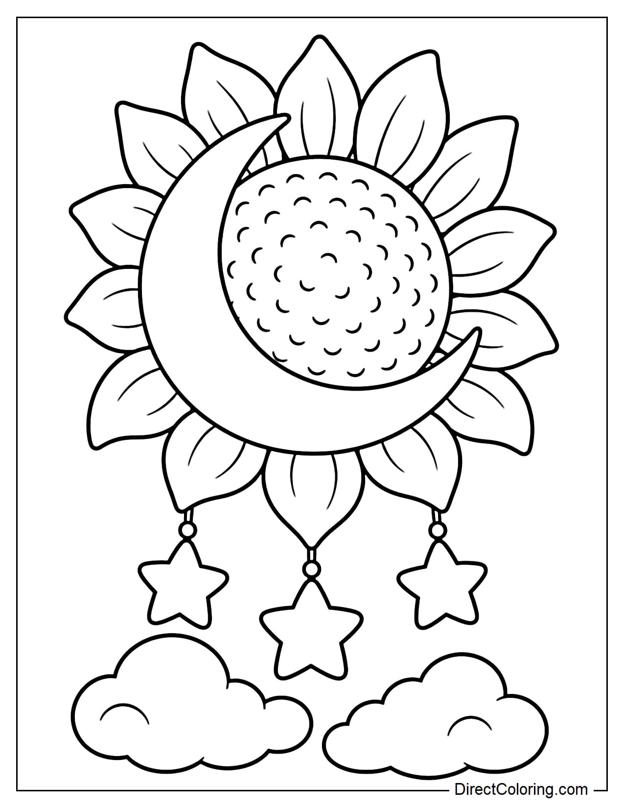 A giant sunflower with a large round center and a crescent moon curving across its front. Three large stars hang from the lower petals, with two clouds underneath.