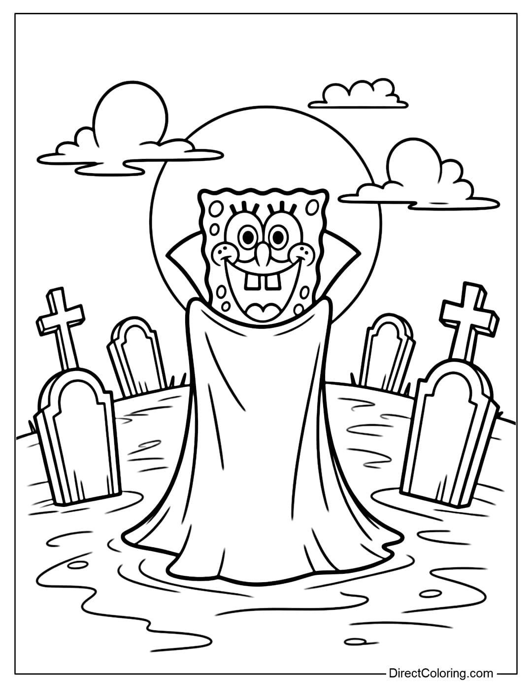 Coloring page of SpongeBob dressed as a vampire with a long cape, sharp fangs, standing in the middle of a cemetery.