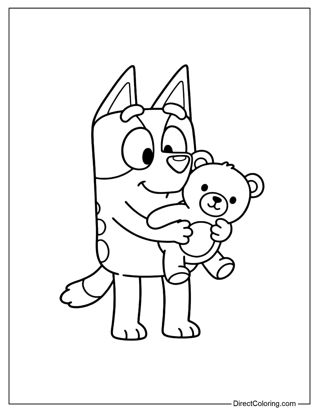 Bluey color page hugs a cute round teddy bear, standing firmly.