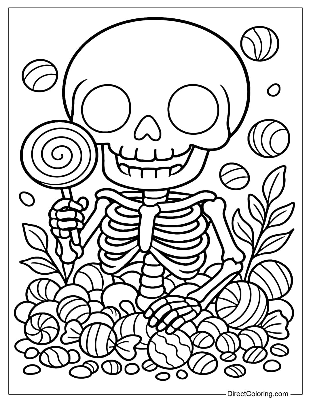 A skeleton coloring page is sitting in a mountain of candy, holding a lollipop, eyes sparkling.