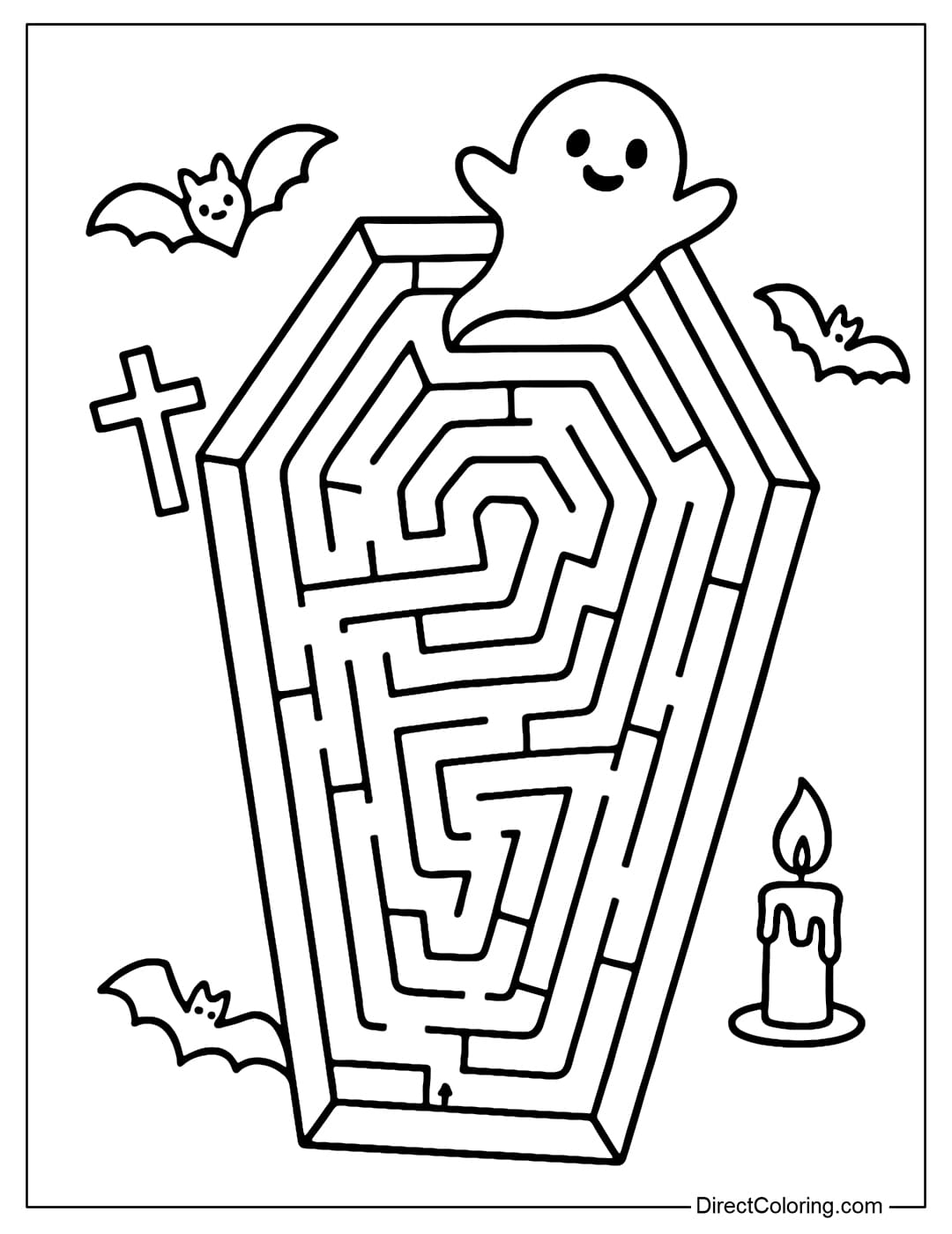 The maze coloring page is in a stylized Halloween coffin, the entrance is at the foot of the coffin, ending at the open lid where the little ghost flies out.