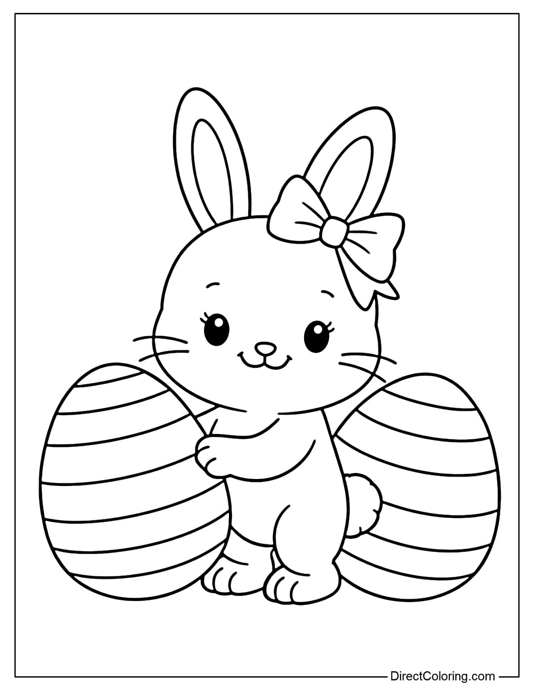 An Easter bunny coloring page with bows on its ears, standing next to two large striped eggs.