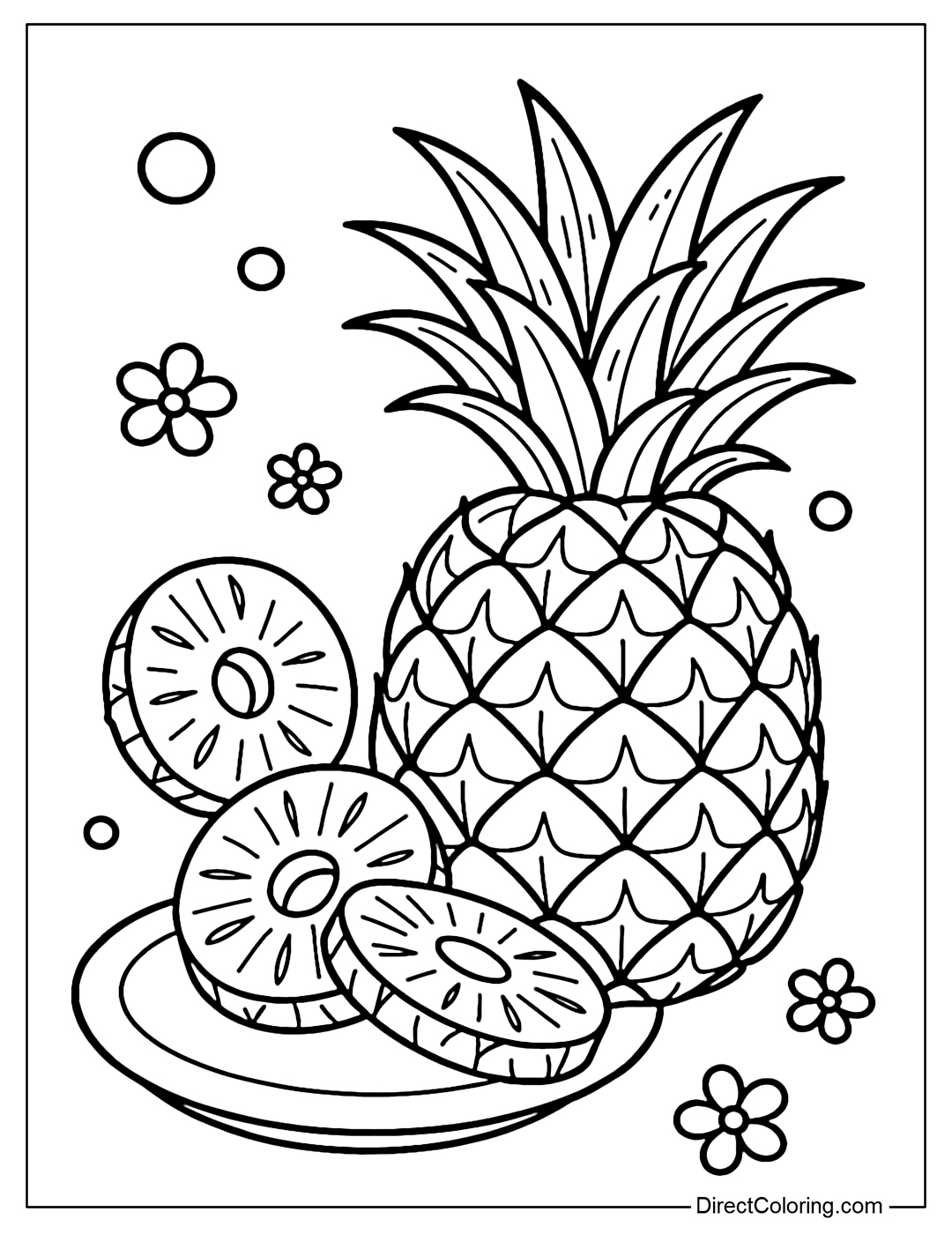 A whole pineapple coloring page, next to it are 3 slices of pineapple cut out on a plate, with a few small flowers and round balloons flying around.