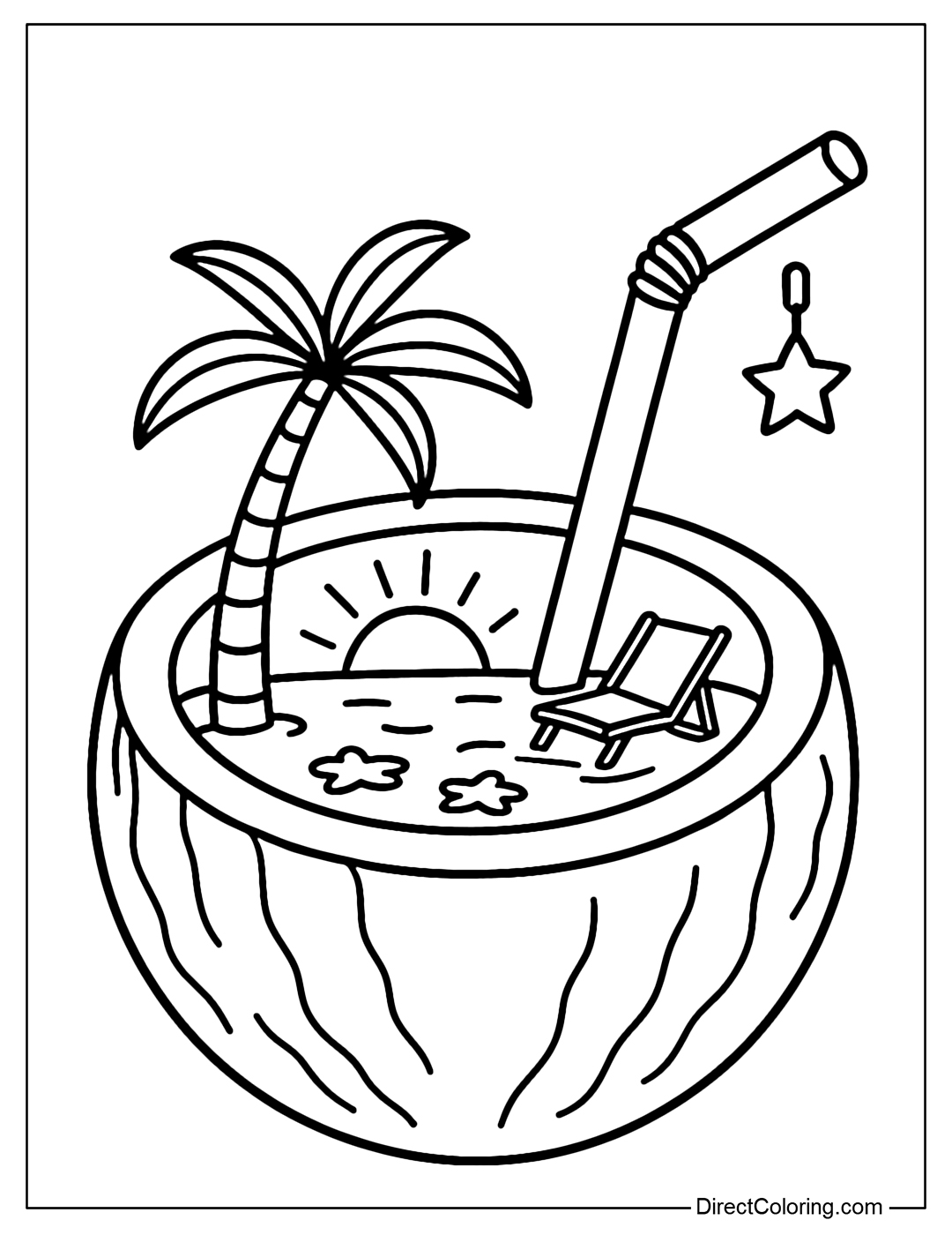 A coconut coloring page with a straw cut in half, through the side. Inside is a sunset, a small sea and a mini lounger.