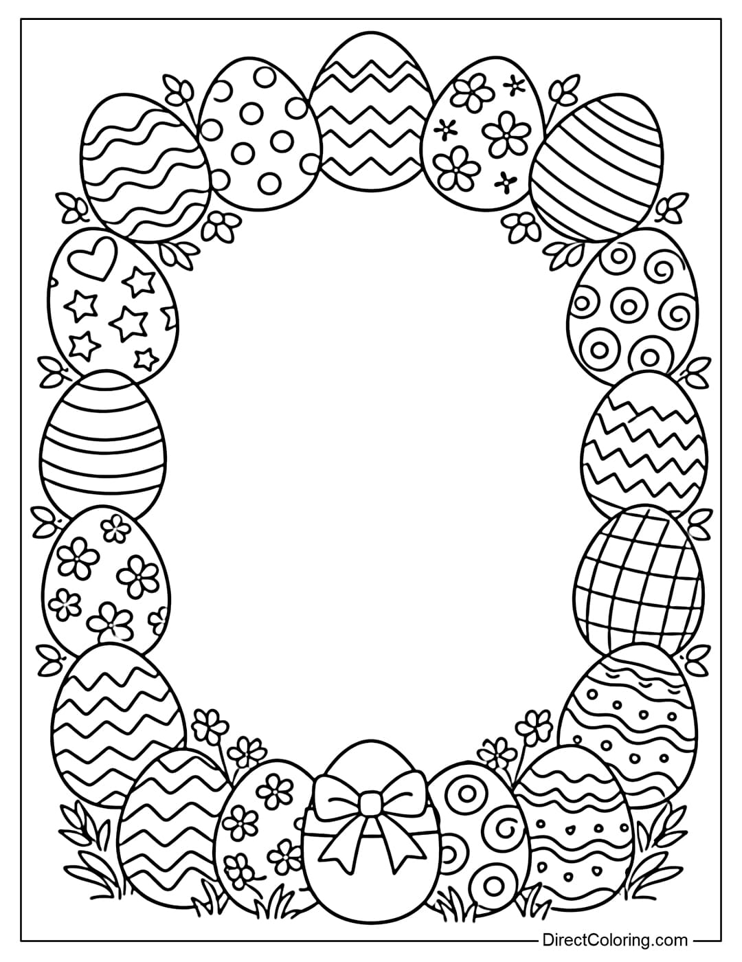 A coloring page with a decorative frame adorned with many Easter eggs, allowing children to creatively color it themselves.