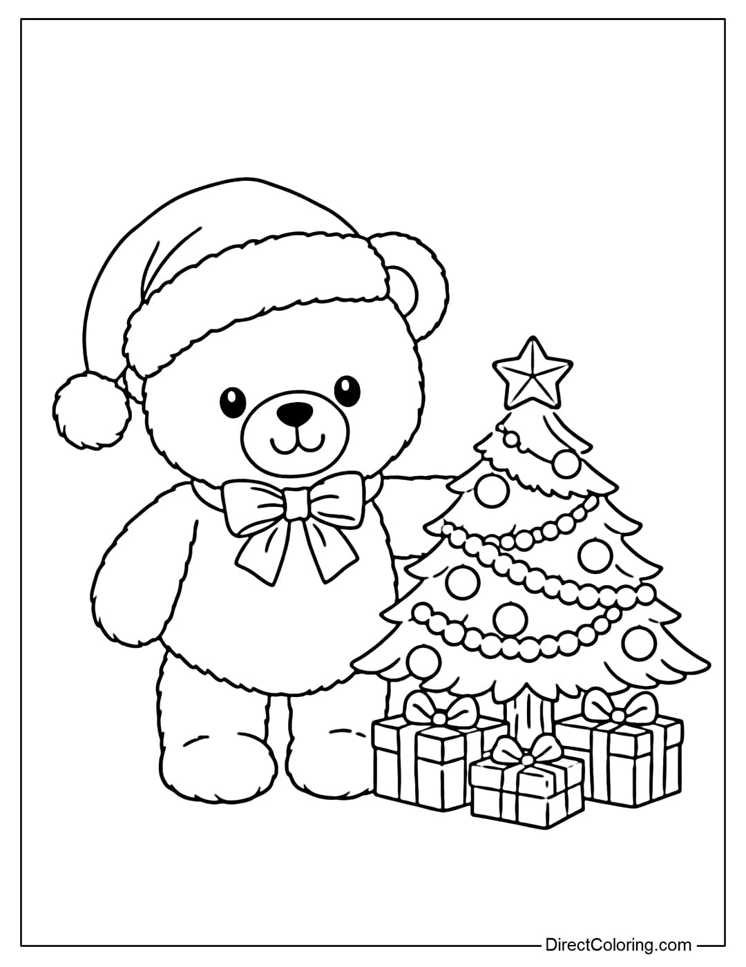 Coloring page of a teddy bear wearing a Christmas hat standing next to a small Christmas tree.