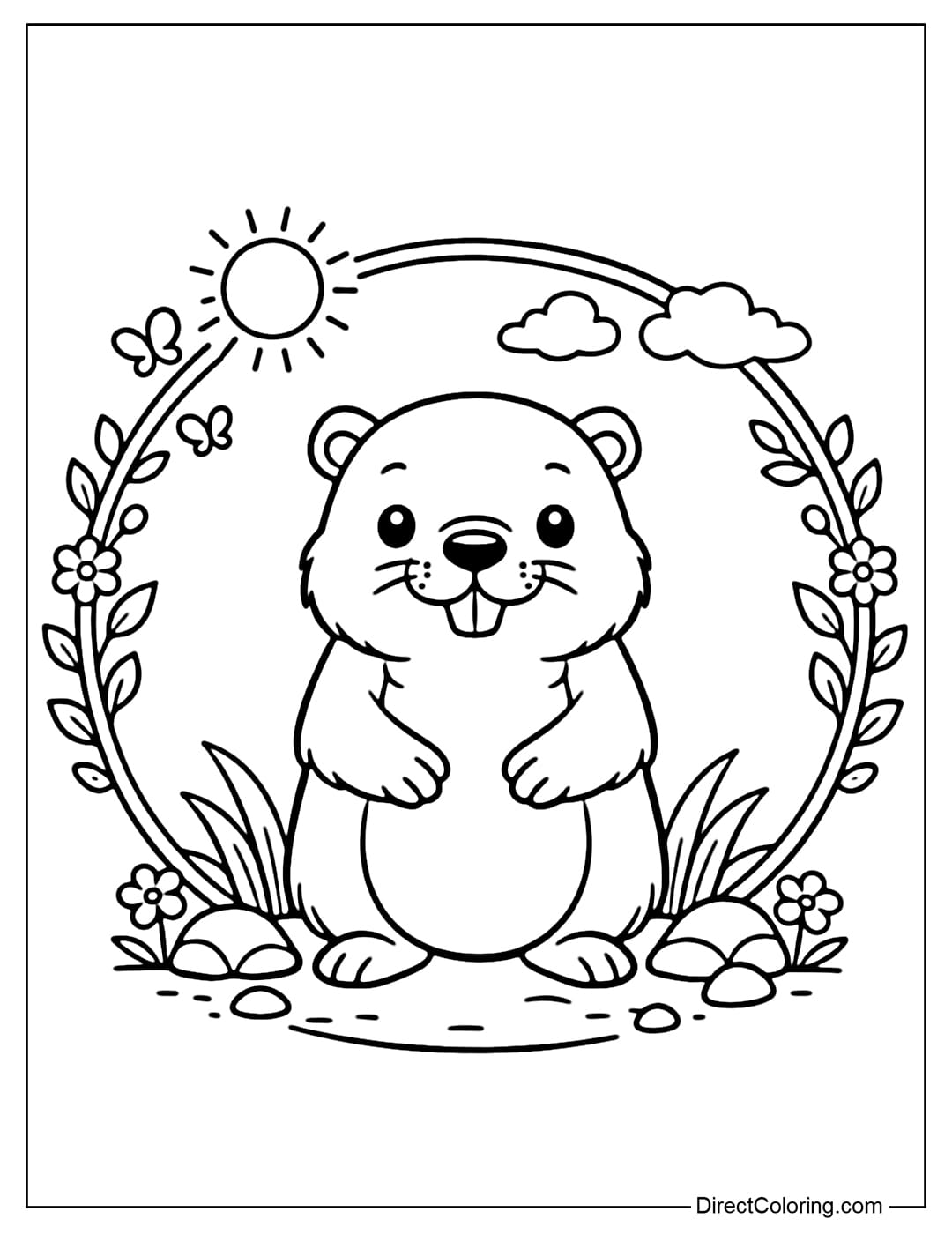 A coloring page of a groundhog standing in a gently decorated circle.