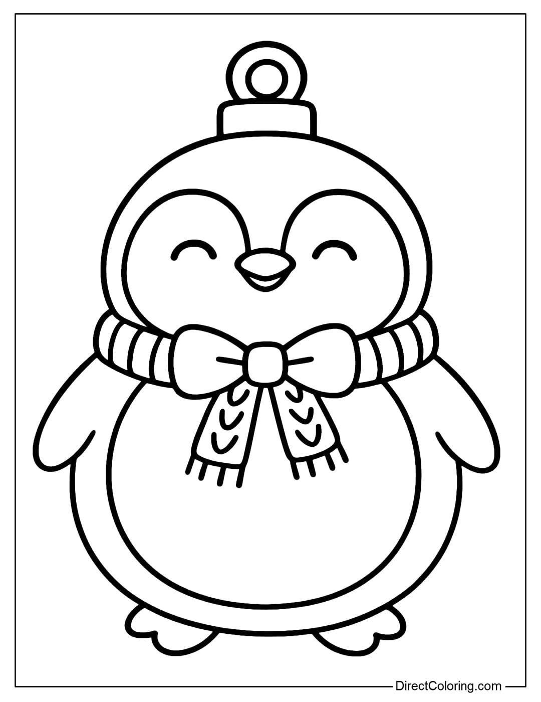 A plump penguin ornament coloring page with a woolen bow around its neck.
