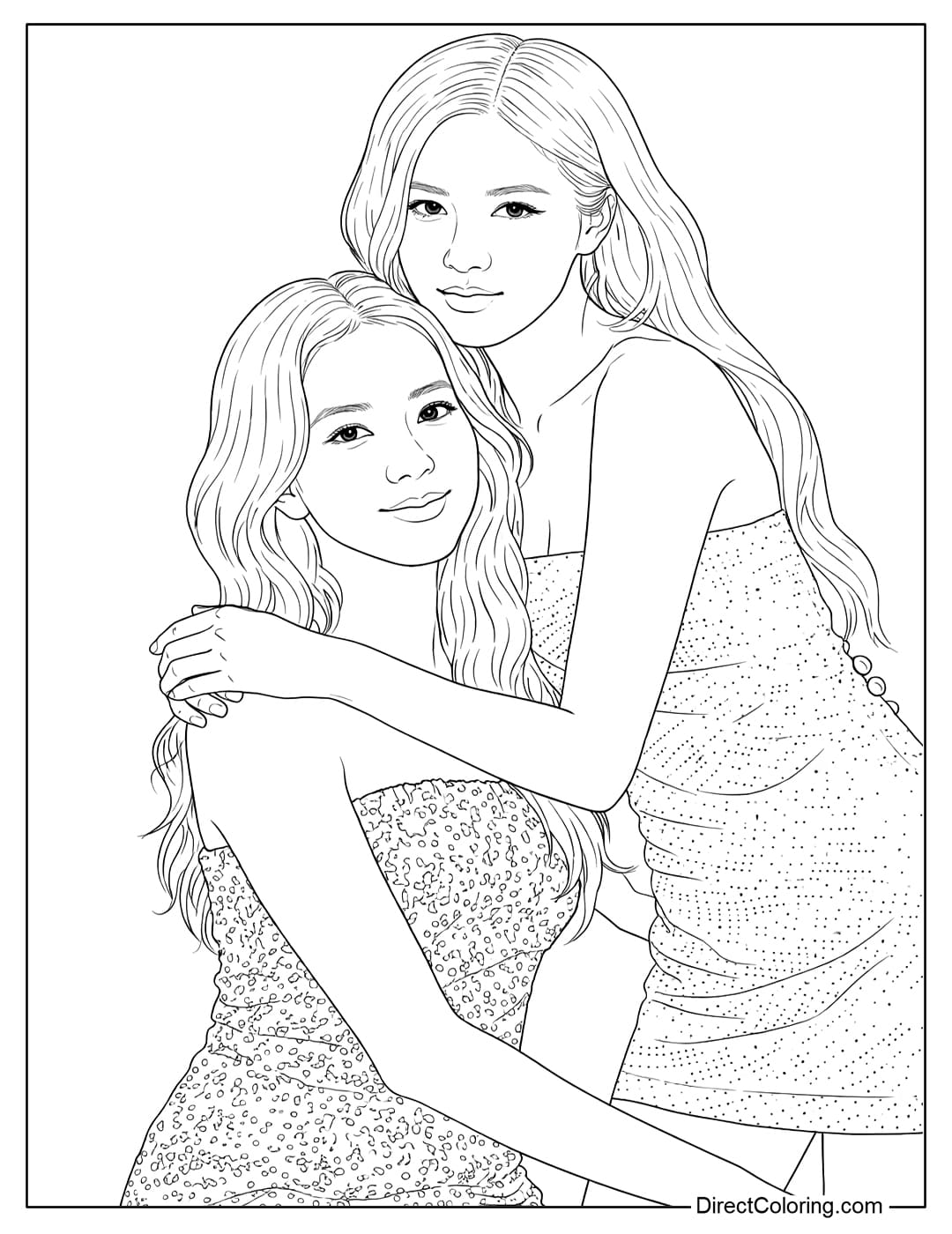 Coloring page of two BLACKPINK members, Rosé and Jisoo, in sparkling and attractive outfits.