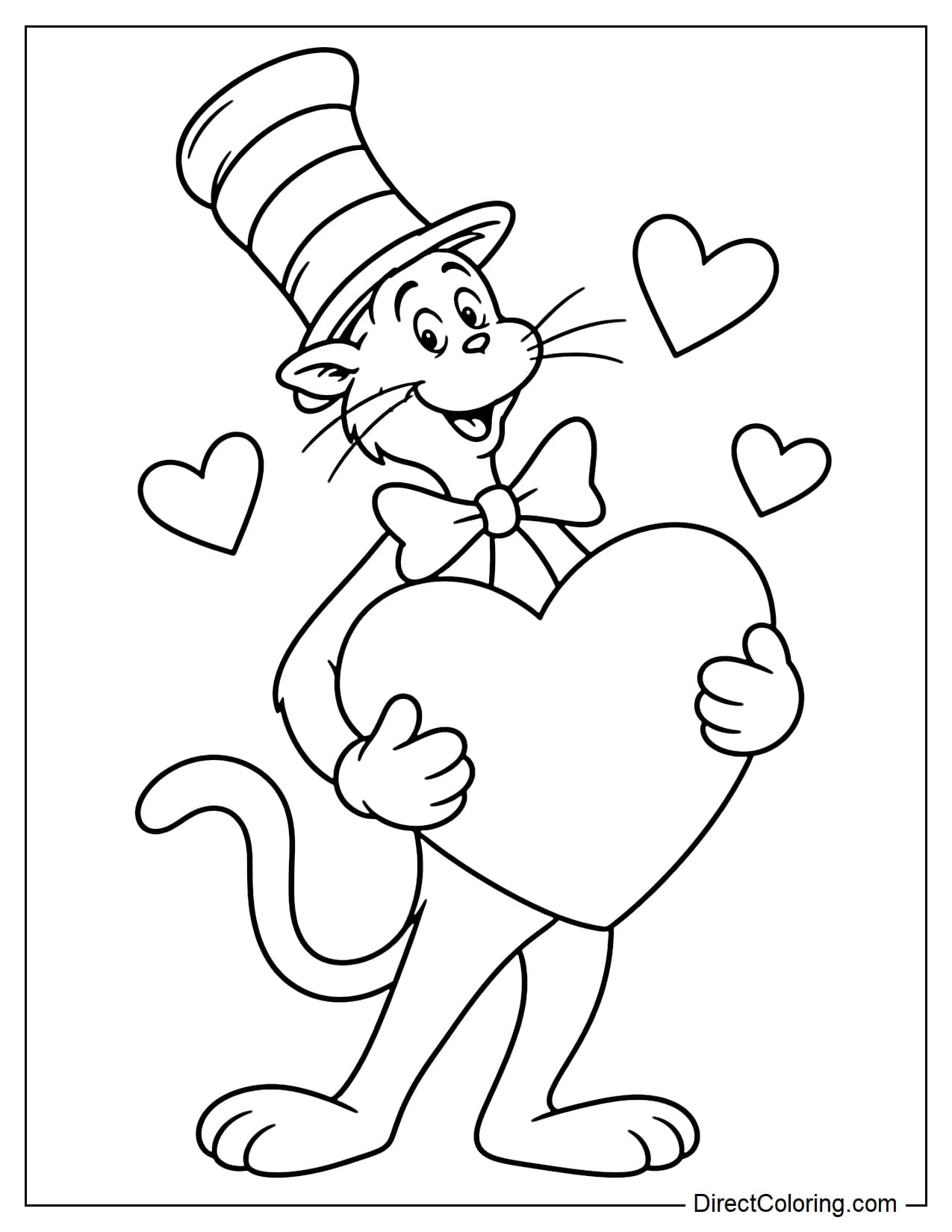 The Cat in the Hat hugs a giant Valentine heart with both hands, tilting his head slightly to one side as a few small hearts float around him.