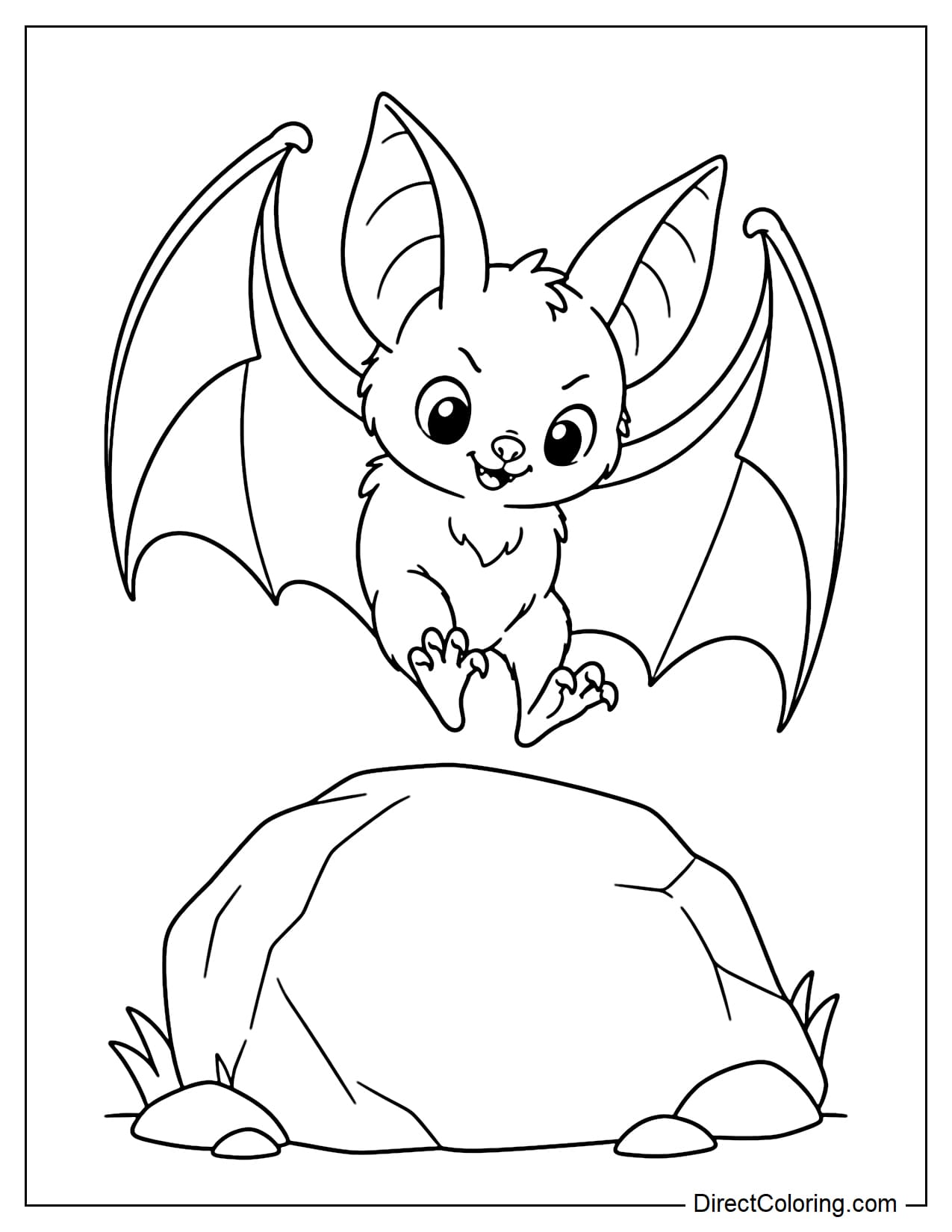 A cute bat prepares to land on a large rock, reaching its feet forward while curling its broad wings around toward the front.