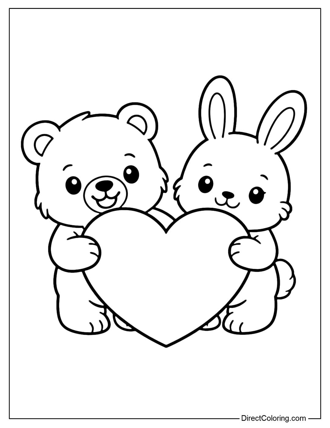 A coloring page with a bear and bunny holding a large heart, creating a friendly and adorable feeling.