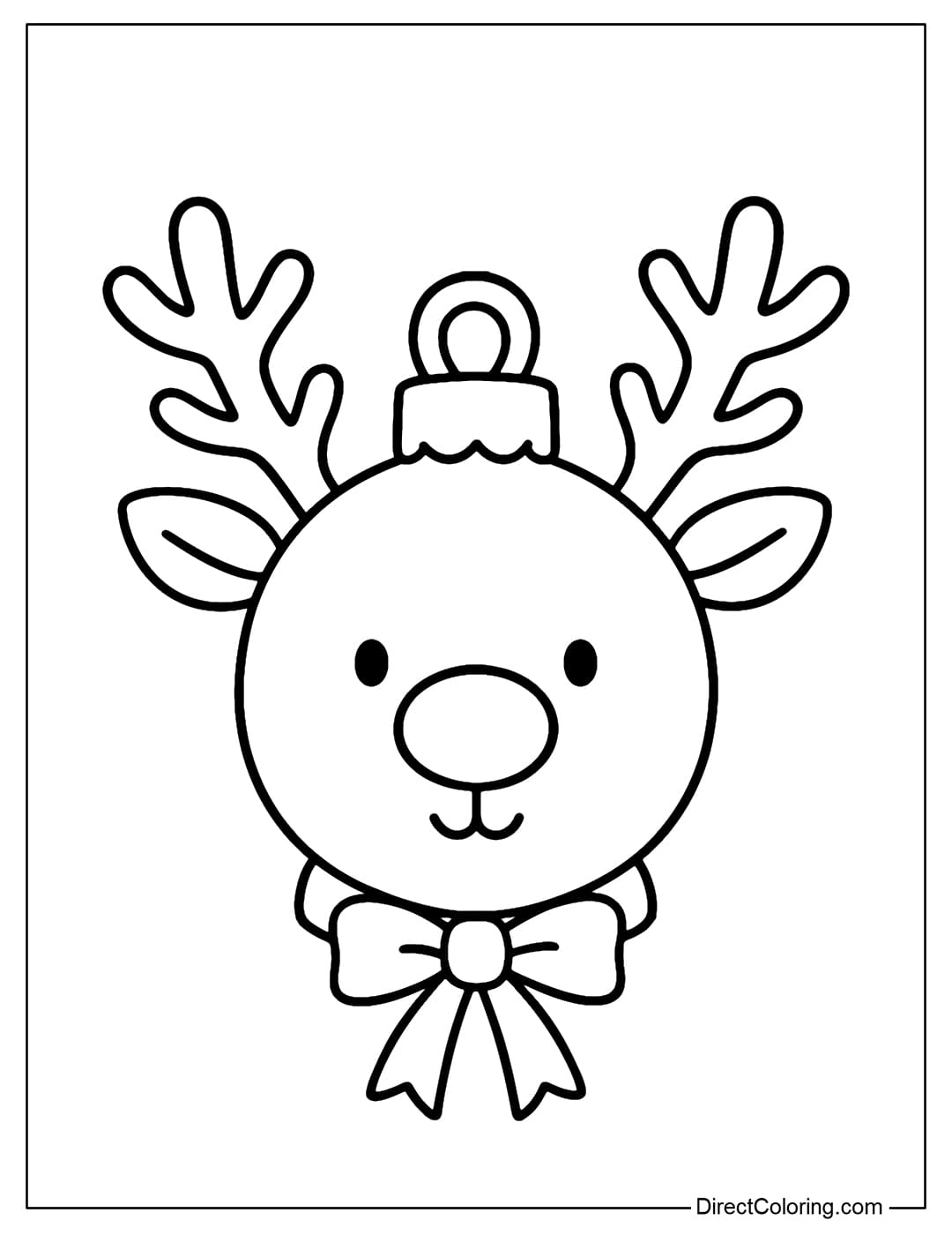 Reindeer head ornament coloring page with red nose, branched antlers, bow under neck.