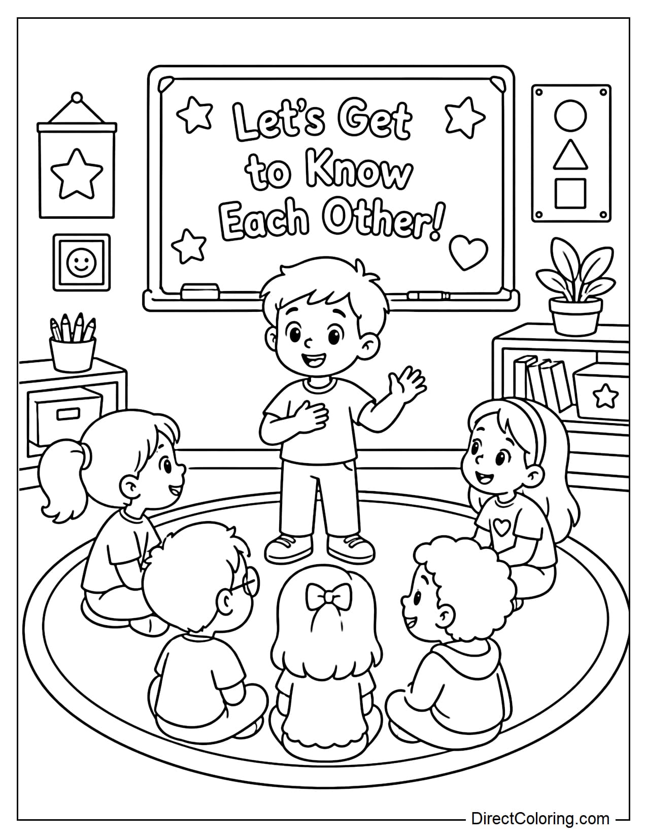 A group of children sit in a circle on the classroom carpet, one introducing himself while the others happily listen, surrounded by the classroom board and some decorations.