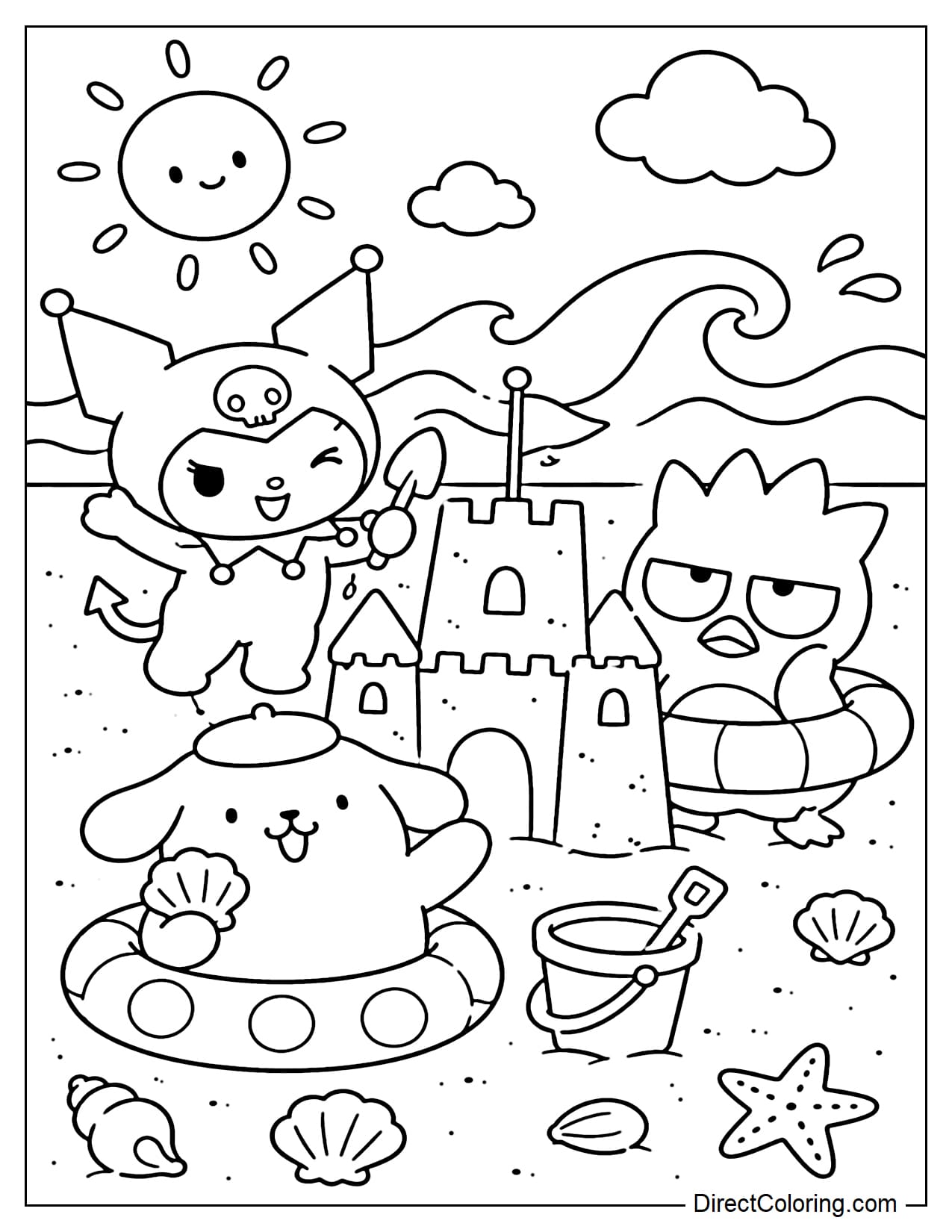 Kuromi, Badtz-Maru, and Pompompurin are playing on a summer beach with a large sandcastle, inflatable floats, and some seashells.