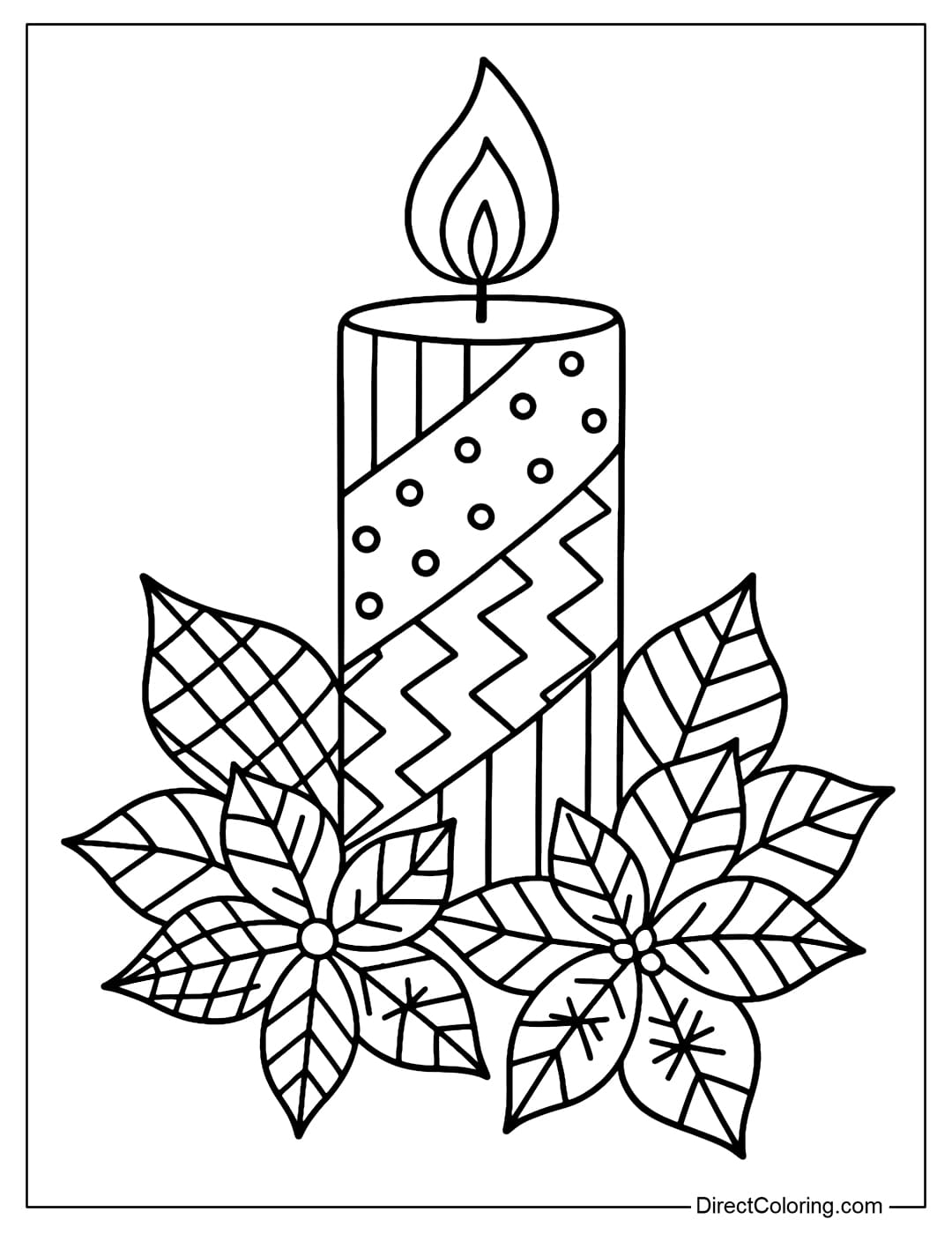 Patchwork coloring page Christmas candle, candle body is divided into vertical striped pieces, small dots, zigzag pieces.