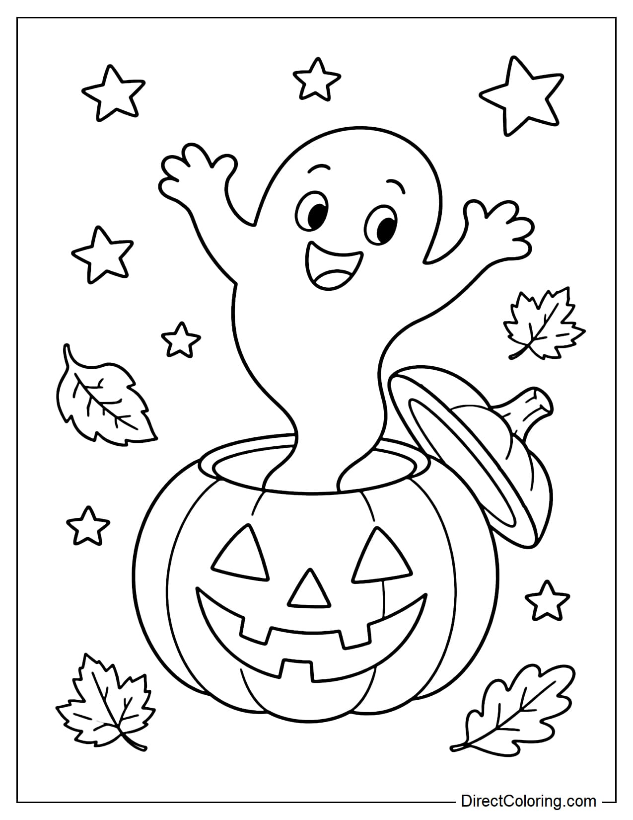 A cheerful ghost pops up from inside a large open jack-o'-lantern, its body curving gently as both arms are raised with excitement, surrounded by a few stars and autumn leaves.
