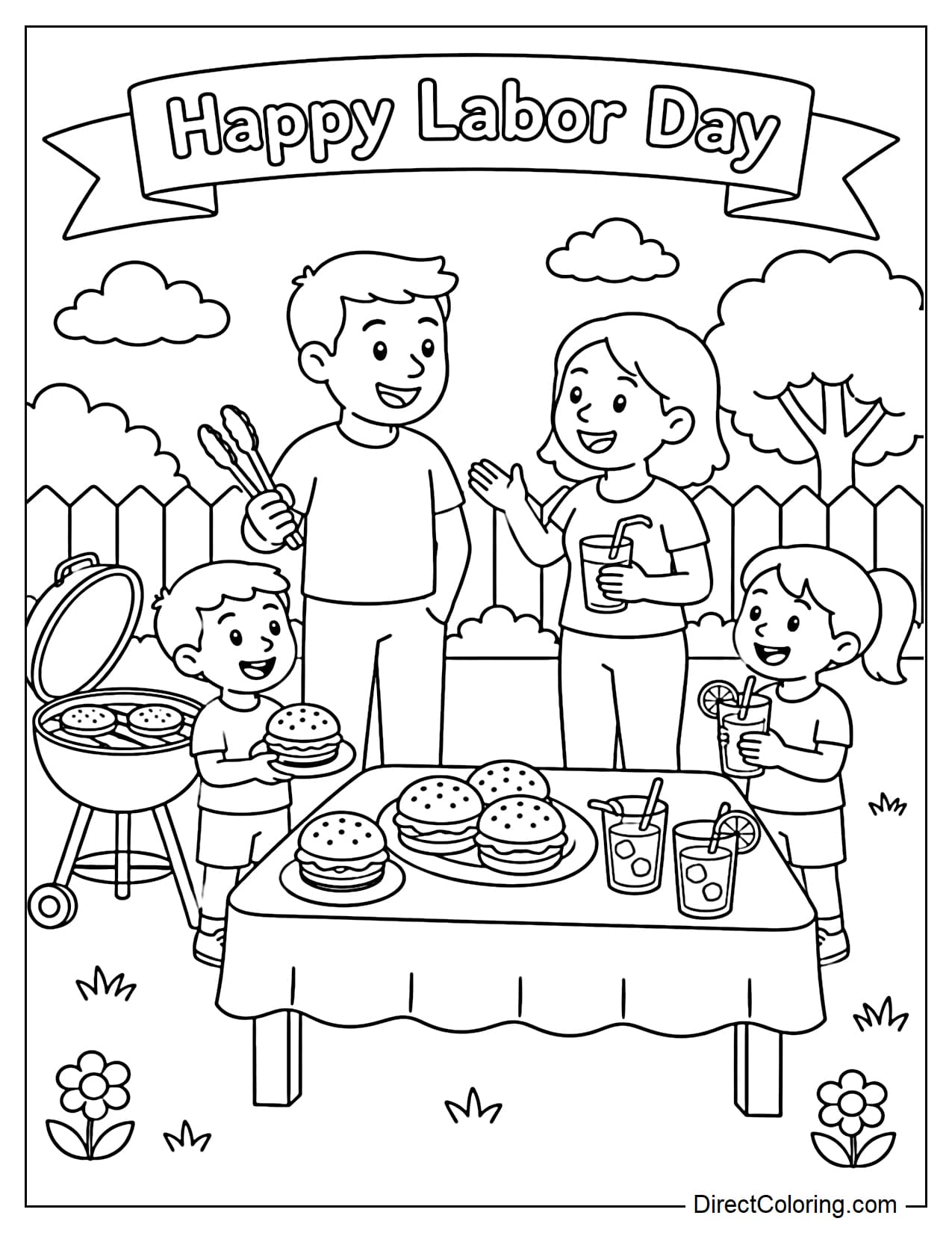 A Labor Day BBQ in the yard with a small grill, a table with hamburgers and lemonade, and a smiling family chatting. A banner above reads 