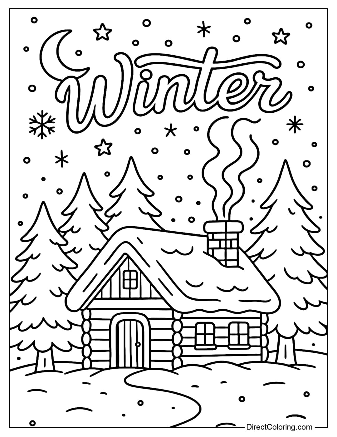 A small wooden house coloring page in the middle of a snow-covered pine forest, smoke rising from the chimney.