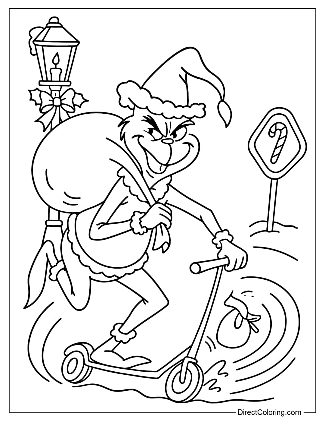A coloring page of Grinch riding a scooter on a snowy road, the wheels creating a curved trail. Grinch holds a bag of Santa presents on his shoulder with one hand and steers with the other. There is a Christmas lamppost and a candy cane sign.