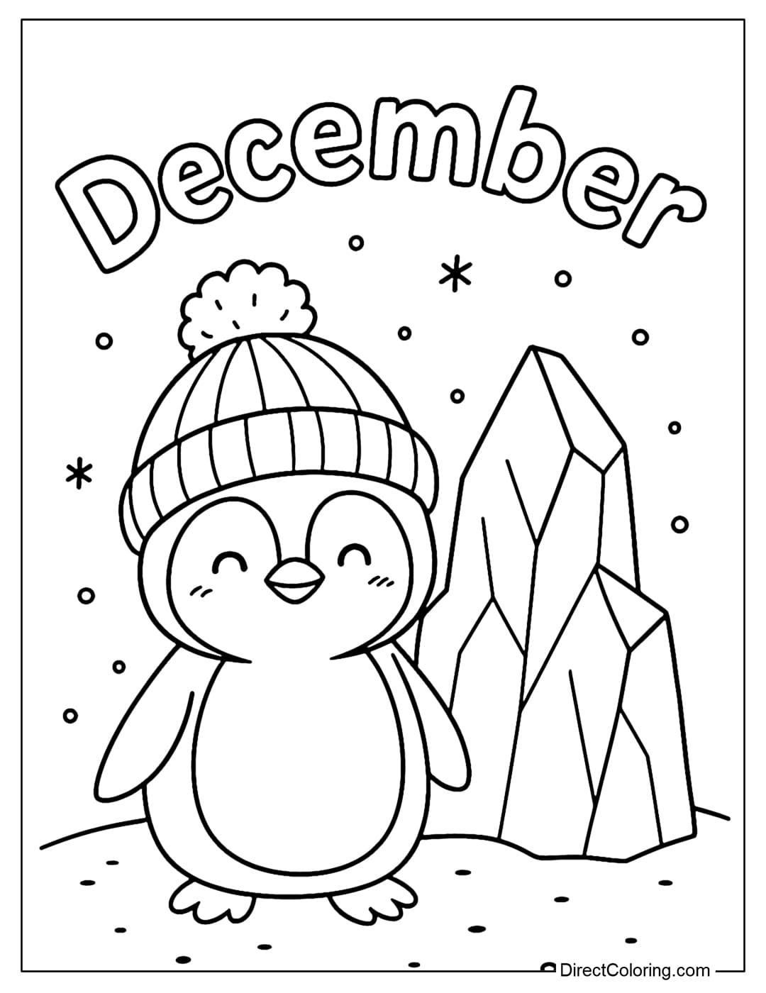 Coloring page of a little penguin wearing a beanie, standing next to an iceberg, the word December curves above like a snowy rainbow.