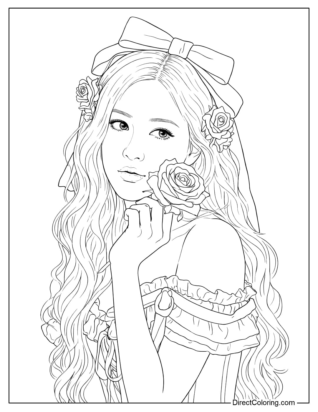 Coloring page of Rosé Blackpink with long, wavy curly hair, a large bow, and a classic off-the-shoulder dress, combined with roses in her hair and on her hand.