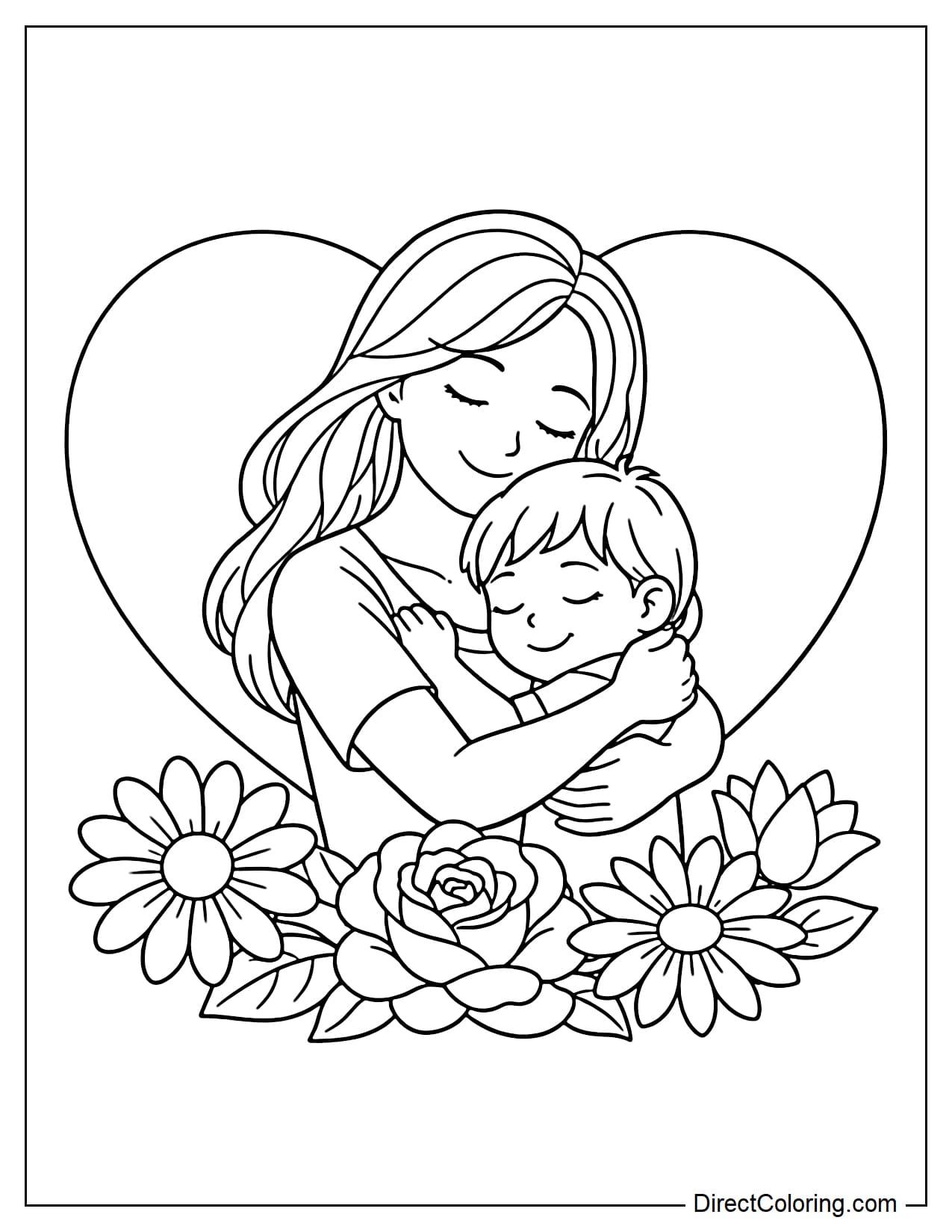 A mother is hugging her child, with a large heart behind her and a few simple, large flowers below.