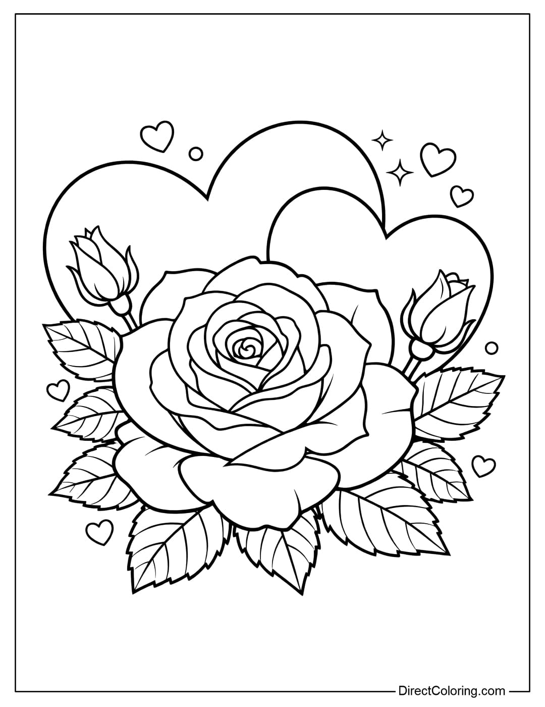 A coloring page of a large rose combined with a heart, with the heart placed behind the flower.