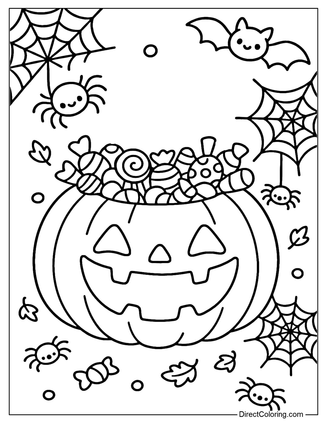 A coloring page of a jack-o-lantern filled with Halloween candy, surrounded by many small spiders, bats and spider webs.