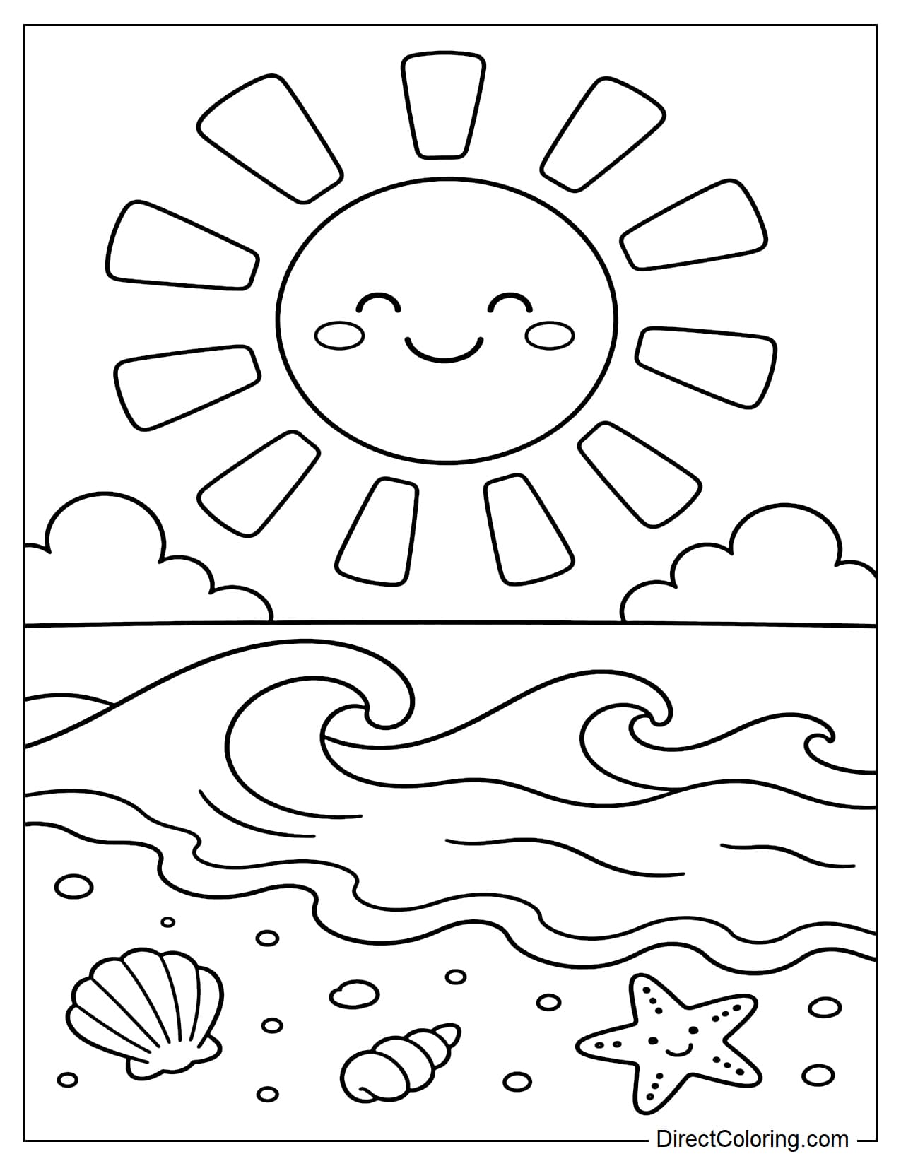 Gentle, curving ocean waves are rolling onto the sandy shore, above which a large sun smiles with simple, bold rays.