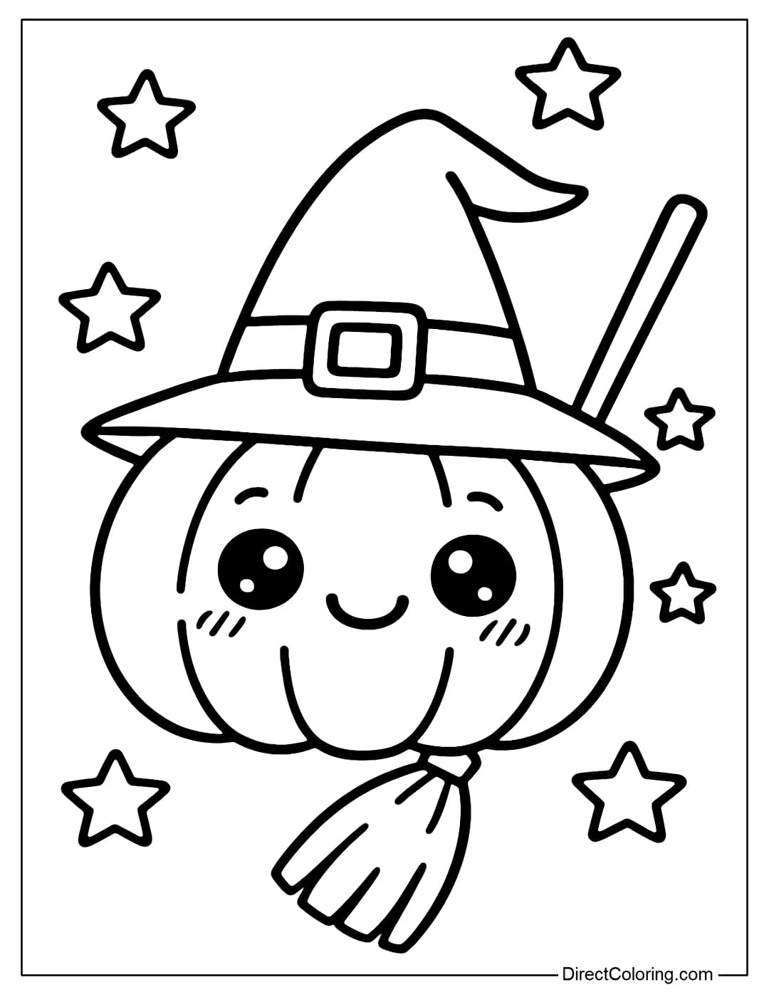 A coloring page of a pumpkin wearing a witch hat, a cute smiling face, round sparkling eyes, surrounded by a few stars and a flying broom.