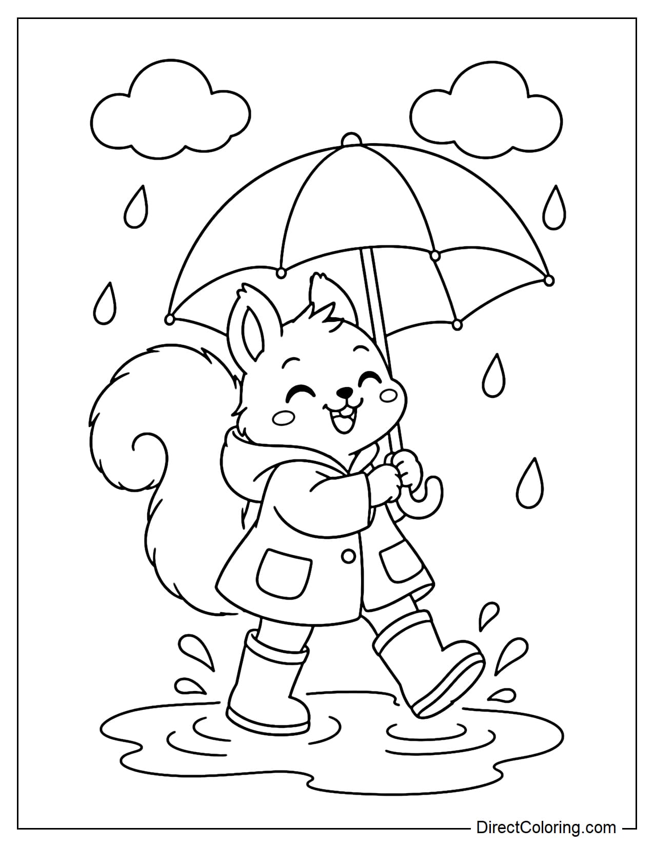 A little squirrel wearing a raincoat and rain boots, holding a large round umbrella overhead while happily stepping through a small puddle.