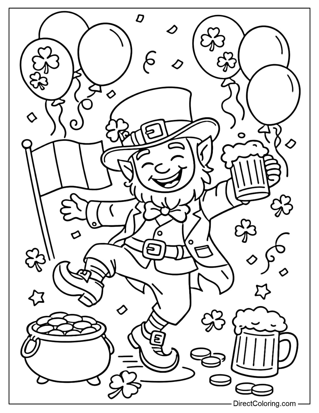 A coloring page of a Leprechaun dancing happily on St. Patrick's Day.