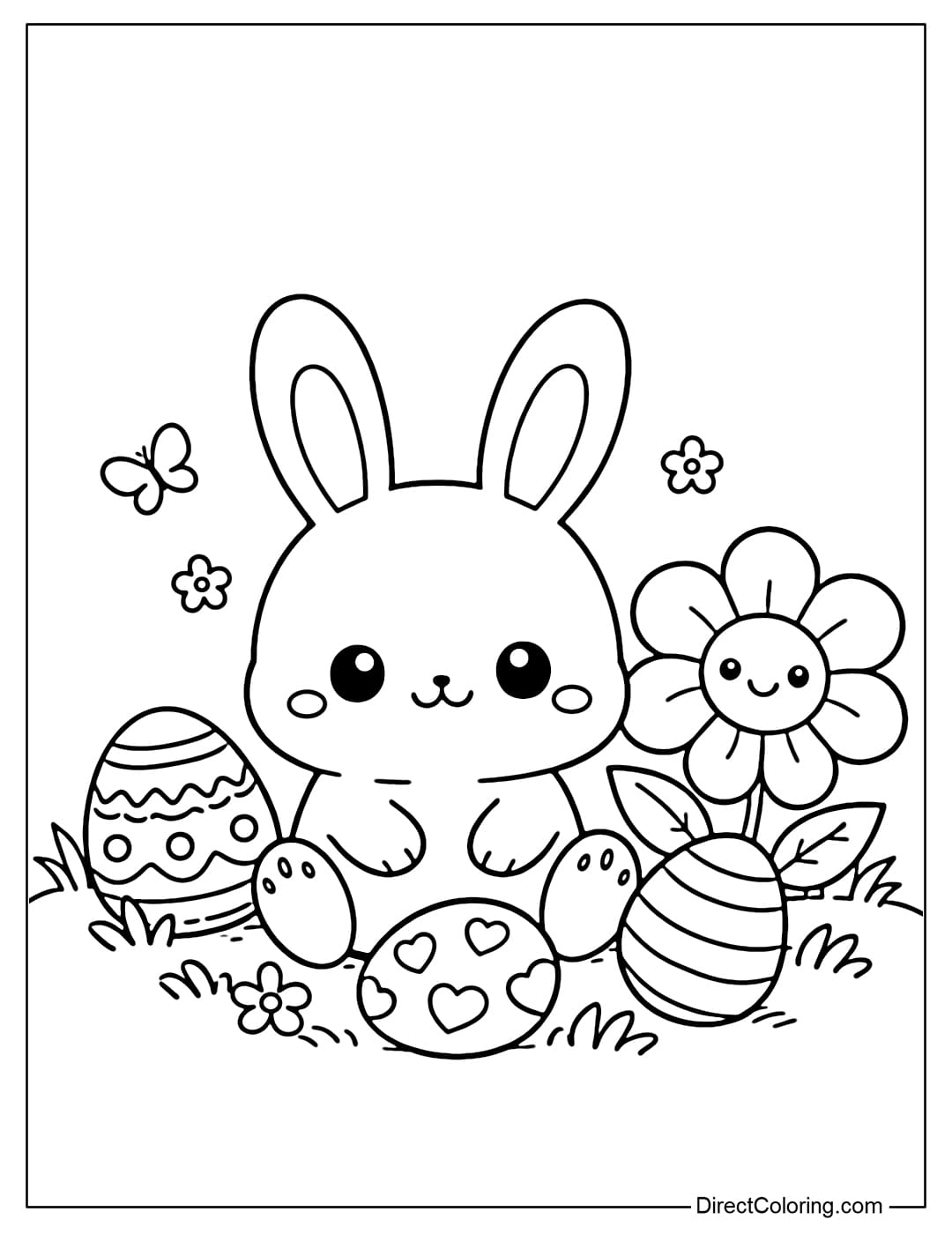An Easter bunny coloring page sitting on the grass, surrounded by eggs and a large flower.