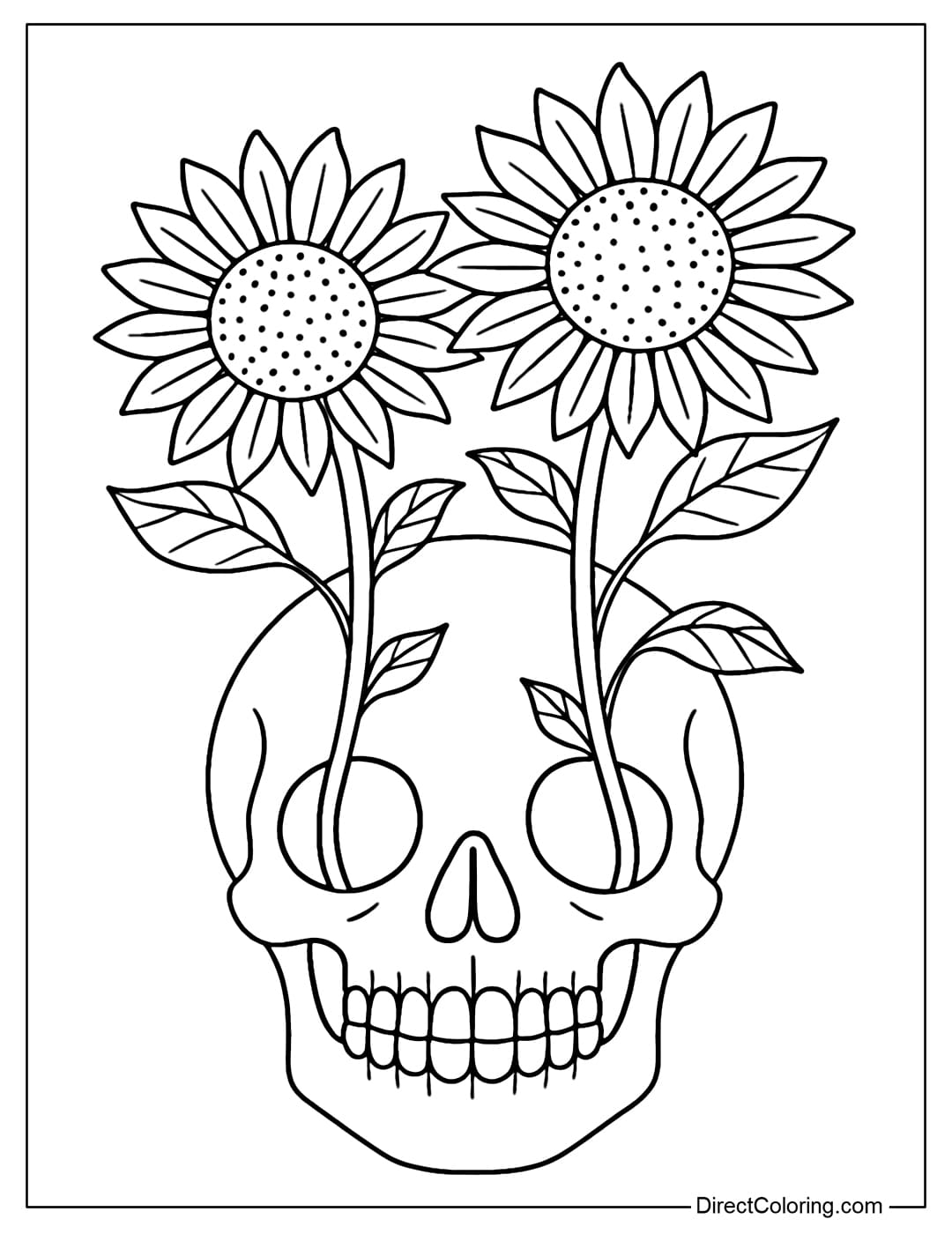 A skull coloring page with sunflowers growing from its eye sockets, symbolizing life from death.