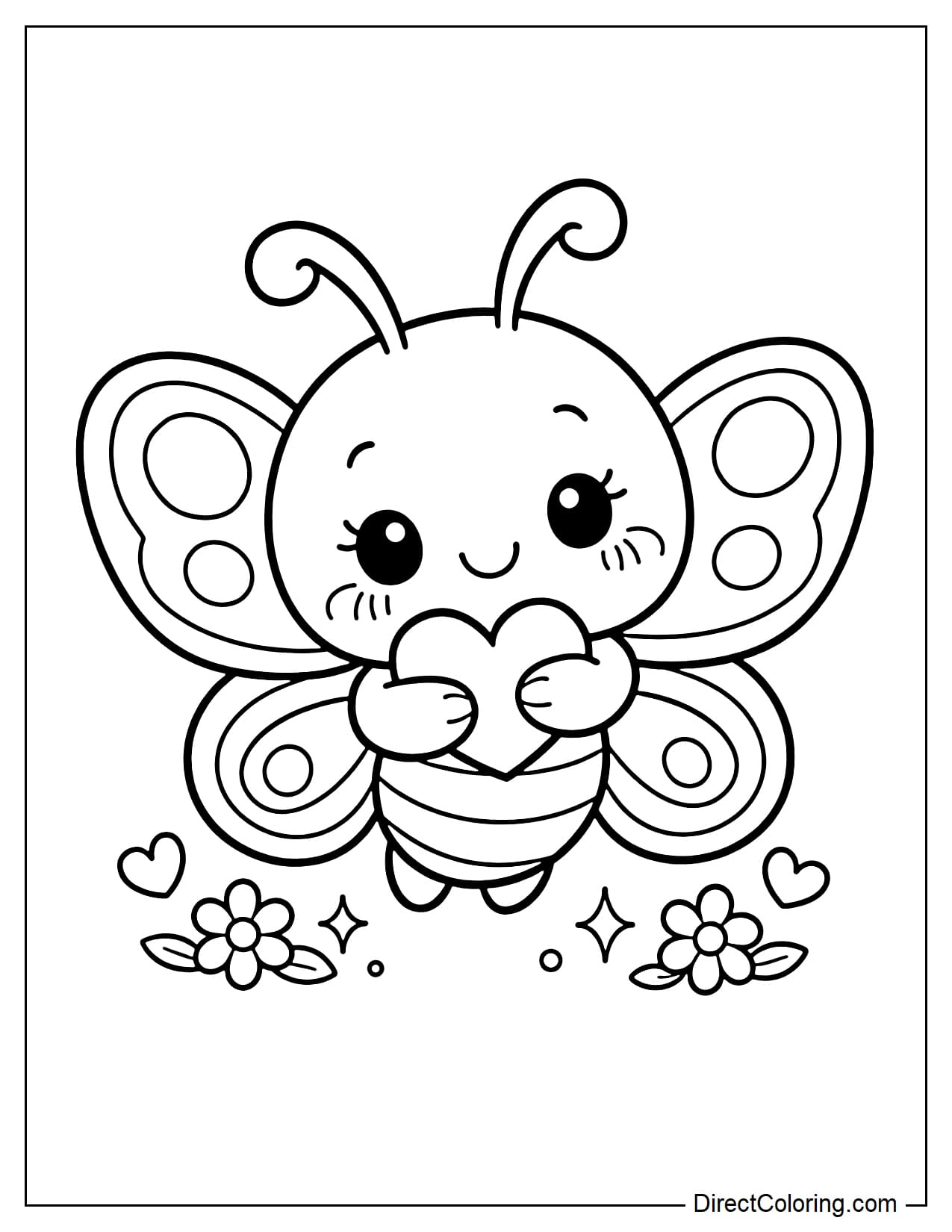 A butterfly hugging a small heart, with a cute expression.