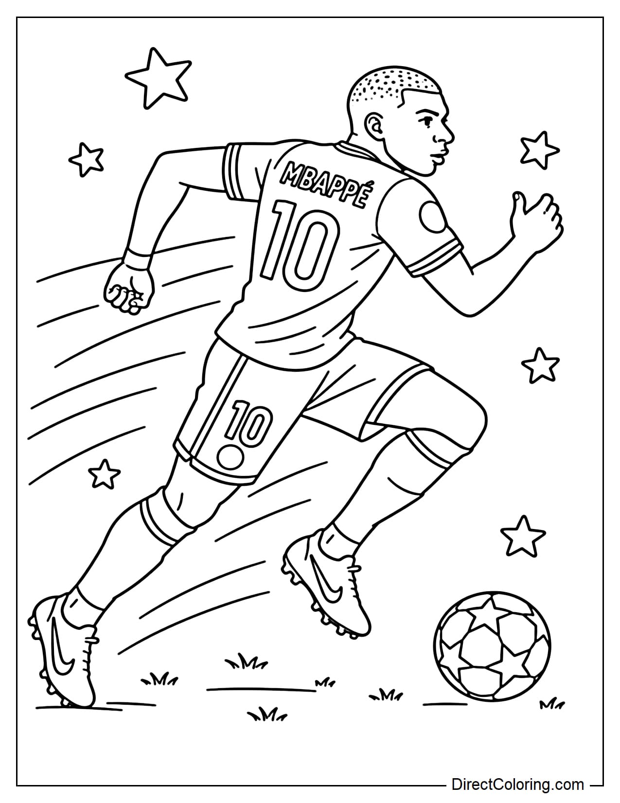 Kylian Mbappé is seen in a side view, sprinting across the pitch, his arms and legs swinging vigorously, with several speed lines and a star symbol in the background.