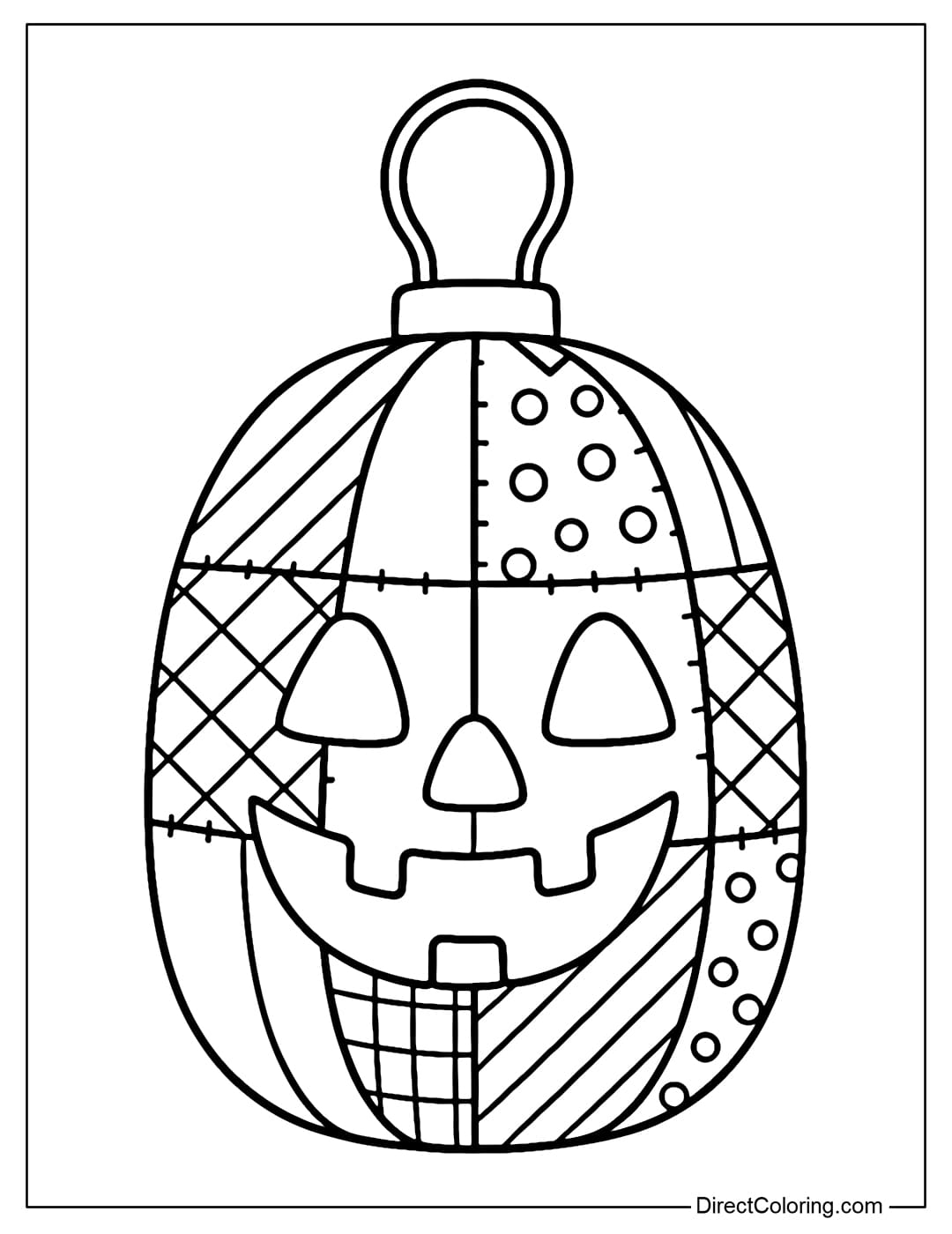 A coloring page of a hanging pumpkin lantern, a patchwork pumpkin body, with a curved metal handle.