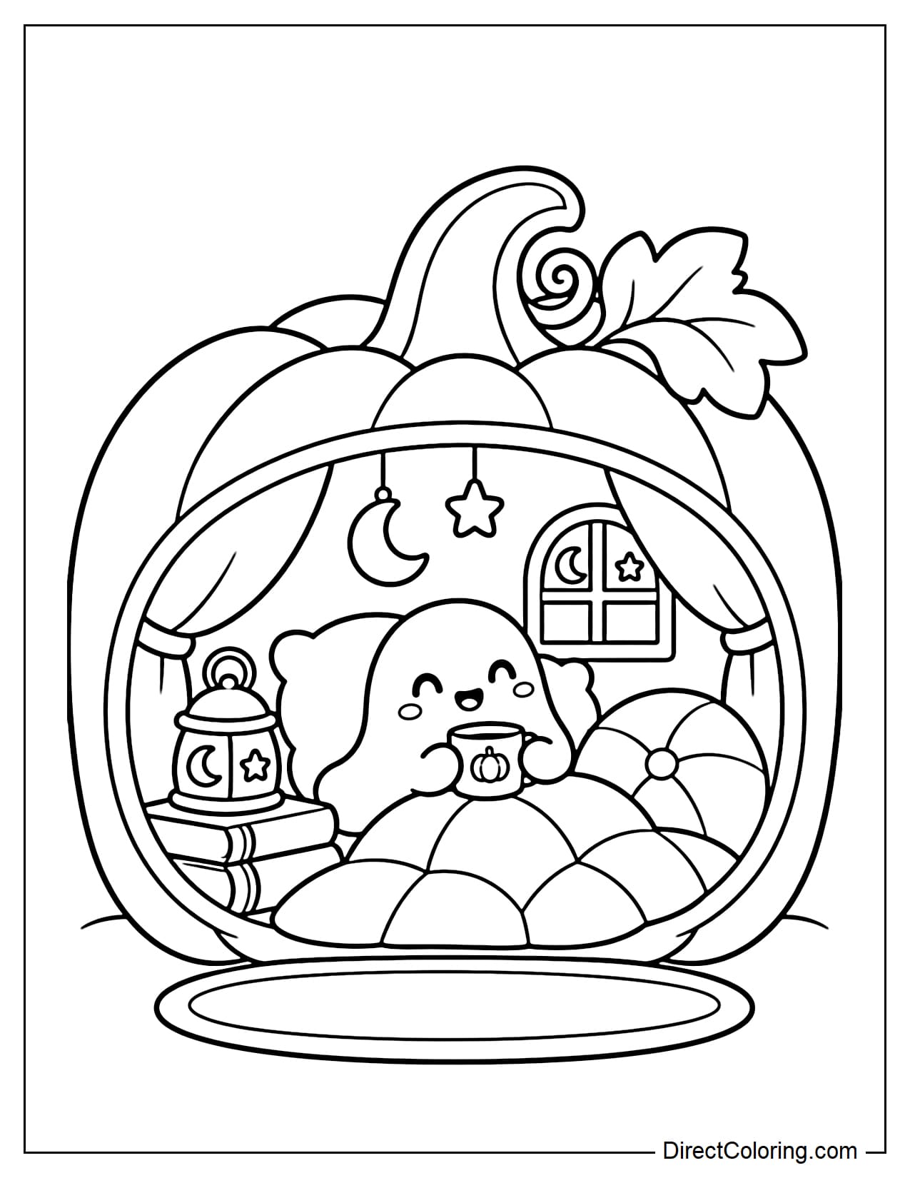 A cute little ghost lives inside a giant pumpkin, with a cozy resting nook that includes a round pillow, a soft blanket, and a small lamp.