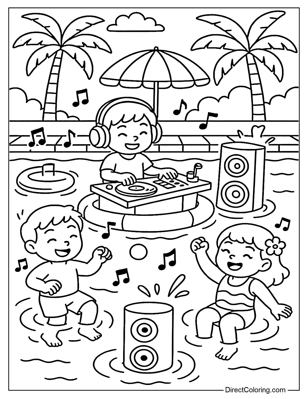 A floating music party coloring page with a small DJ table and people dancing around the speaker float.
