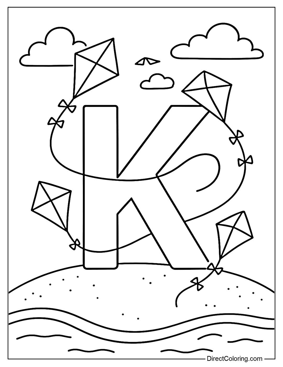 The letter K coloring page stands on a soft sand beach, with many colorful kites flying around the letter, the kite string across the body of the letter creating a soft frame