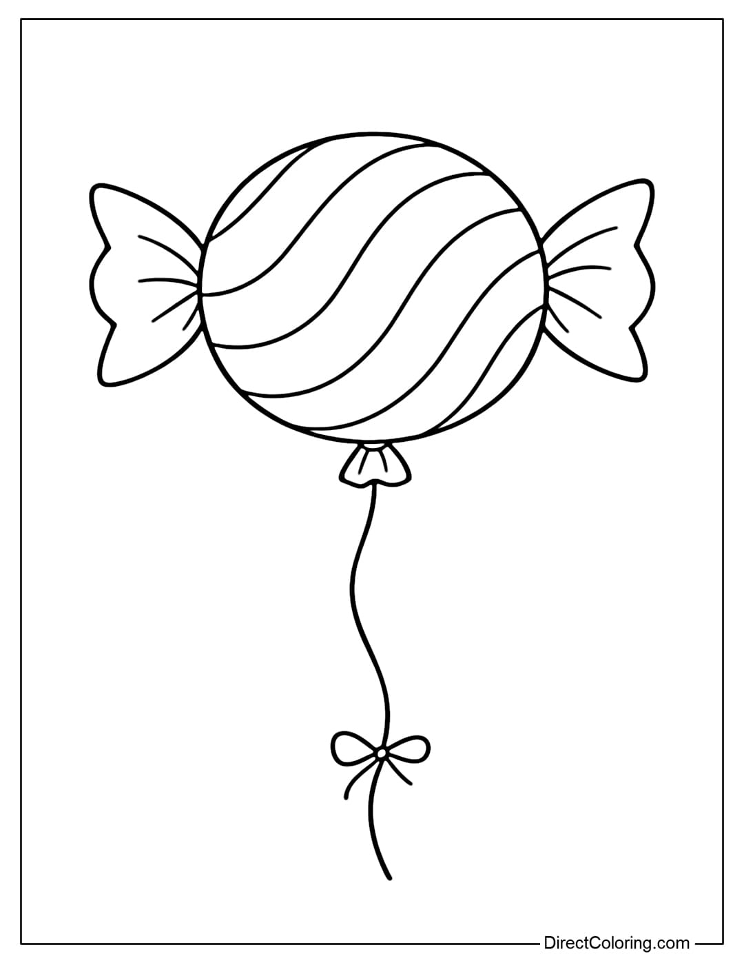 A coloring page featuring a balloon shaped like a candy with a large round body in the middle and two ends slightly twisted to the sides.