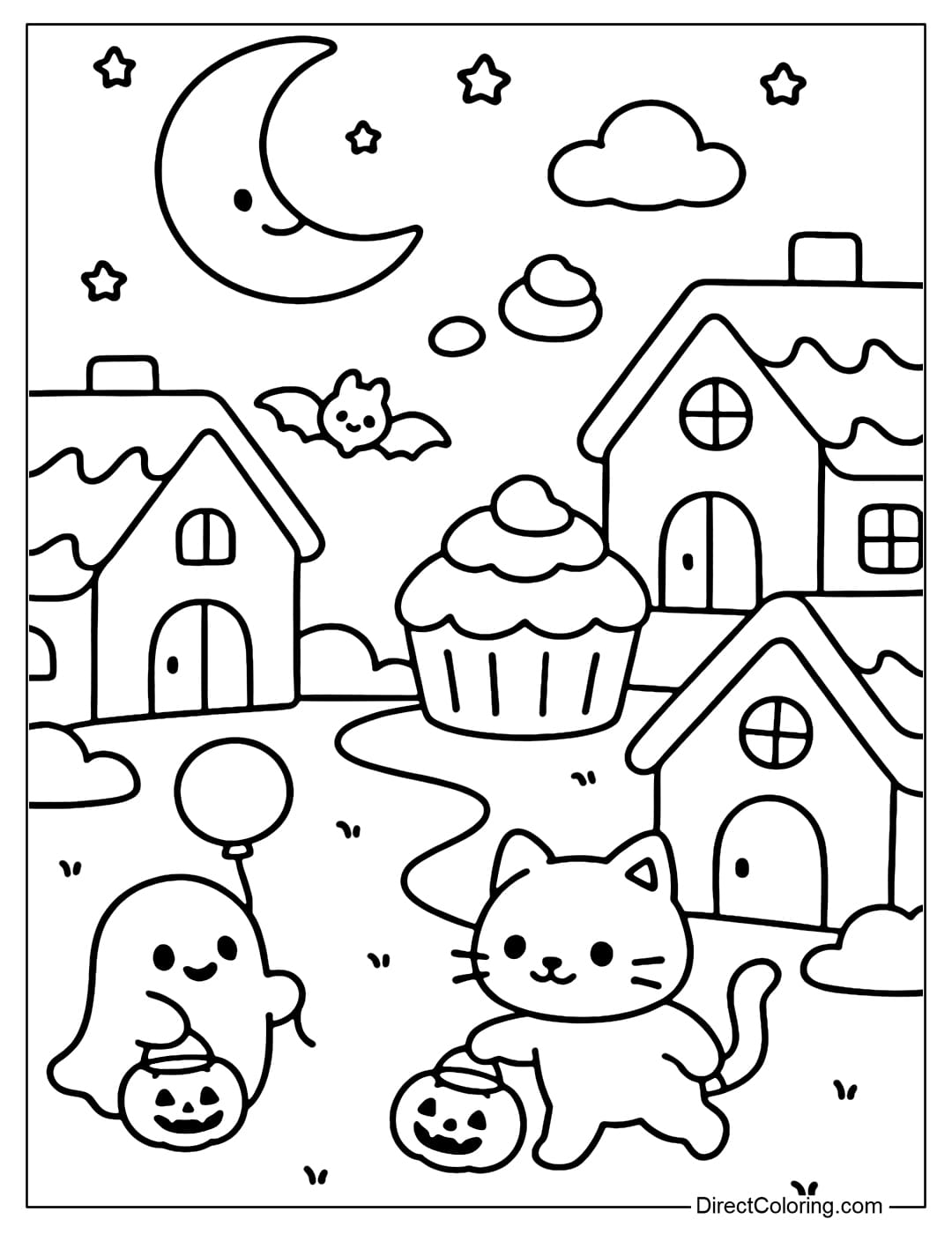 Candy world coloring page where every house is made of chocolate and cupcakes, little ghosts and cats carry pumpkin baskets to trick or treat.