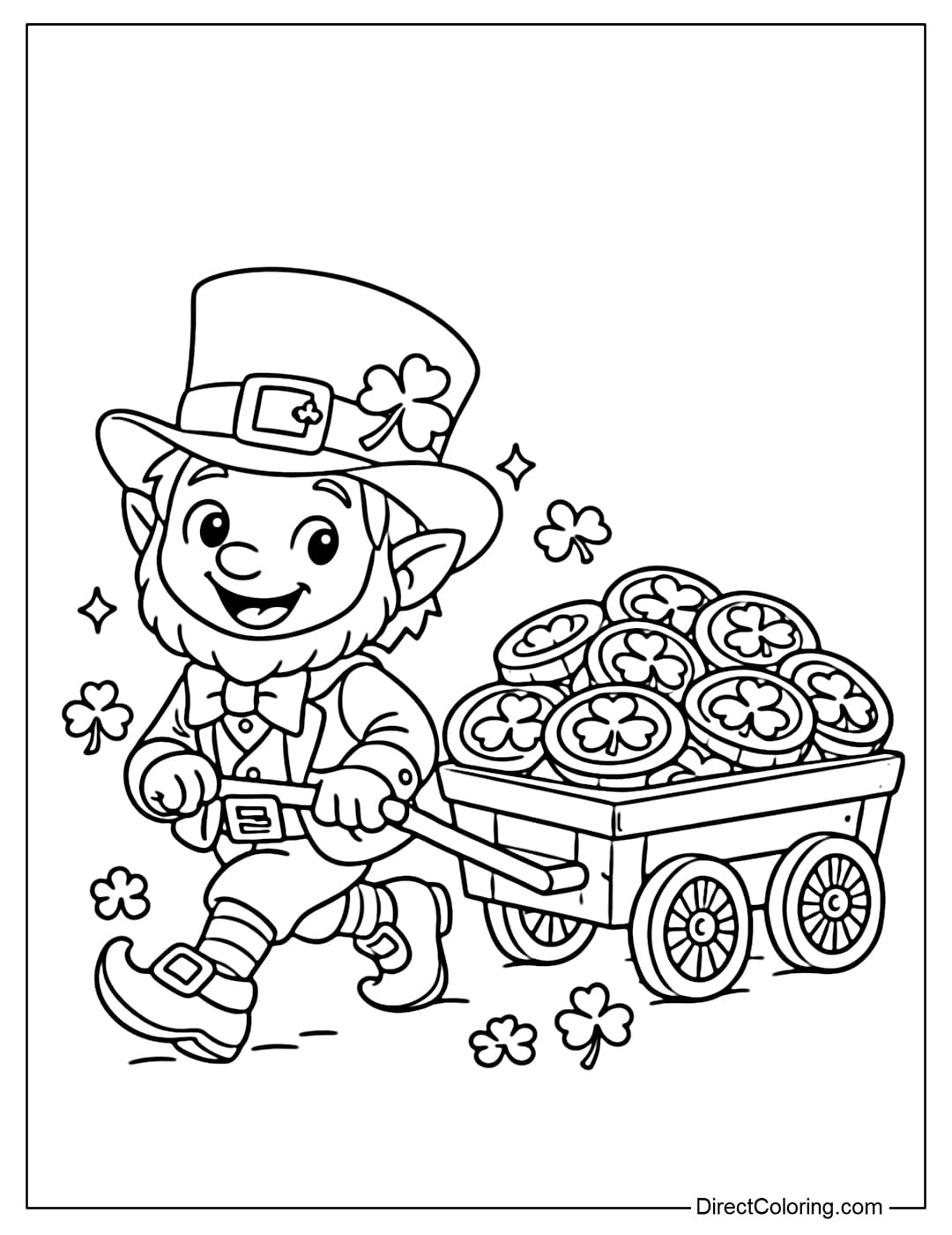 A coloring page of a Leprechaun pulling a small cart full of gold coins, a fun drawing for children.