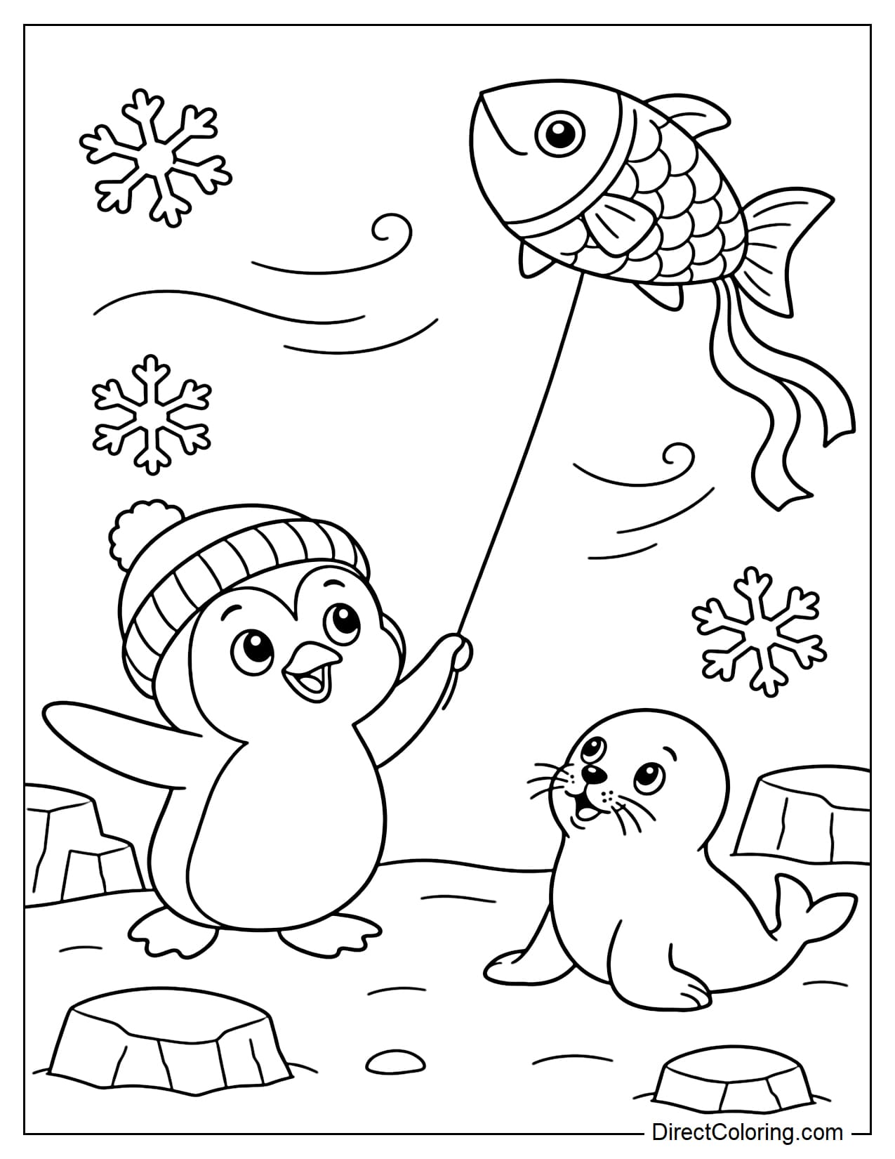 An adorable penguin is happily flying a large fish-shaped kite on a flat snowy field, with a small seal watching the kite fly high beside it. There are only a few large snowflakes and round ice blocks around.