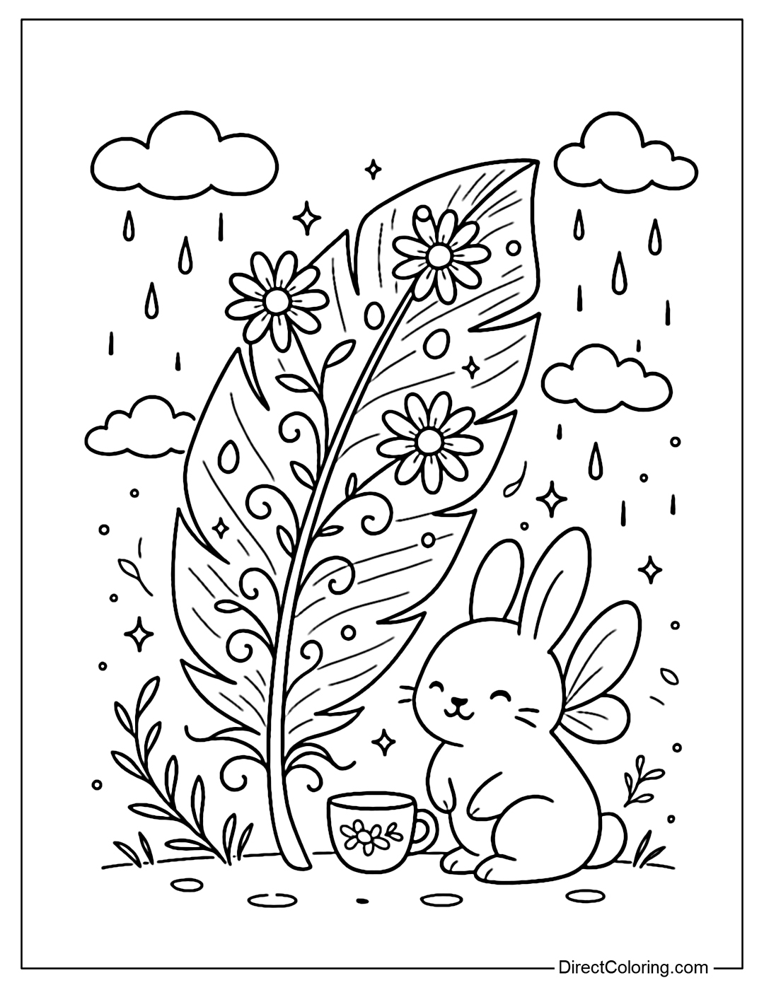 Coloring page of a curved, arched feather, tilted like a canopy. A little rabbit sits underneath, sheltered from the rain by a large feather decorated with daisies and sparkling dew drops.