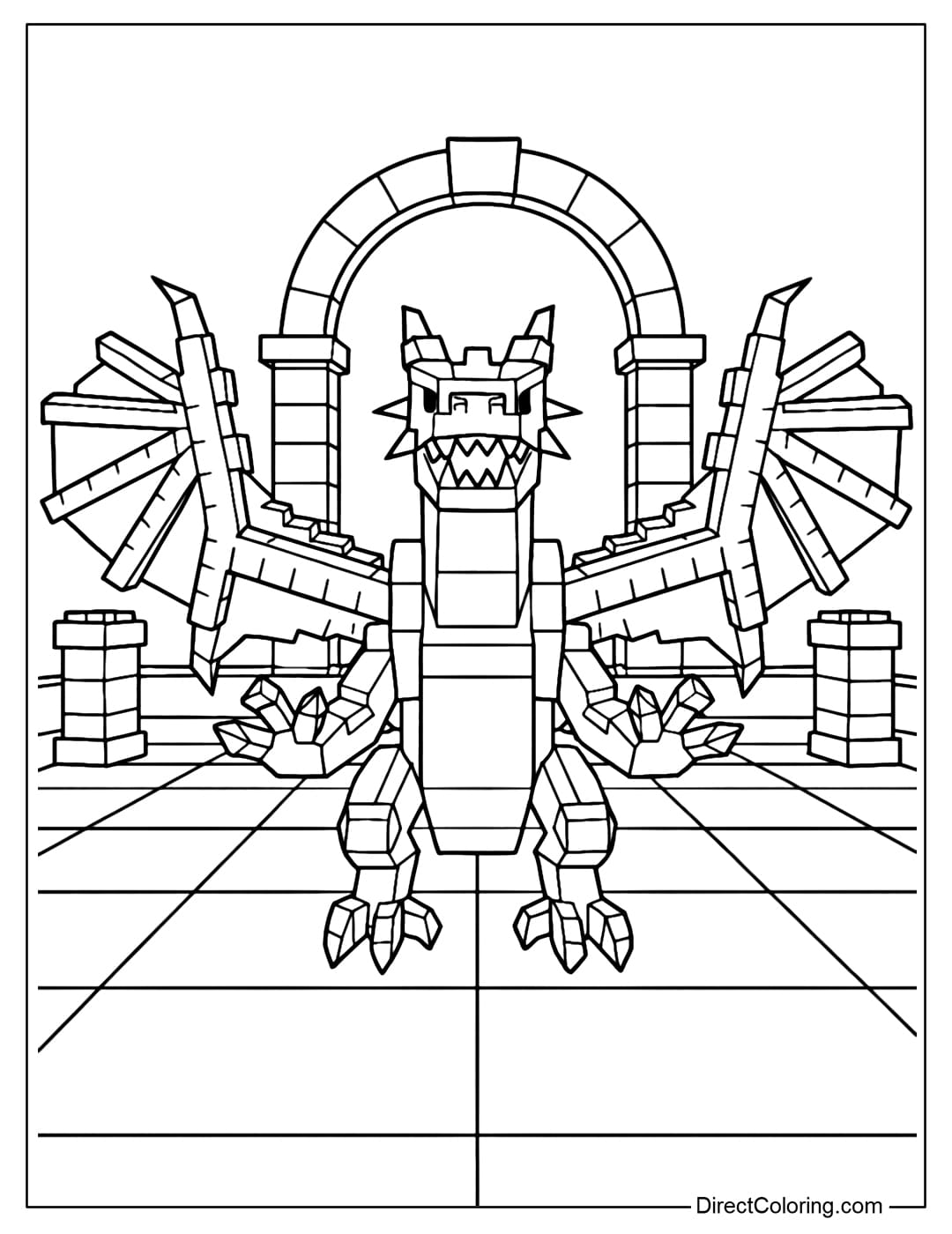 Dragon Cannelloni Coloring Page standing in the middle of the arena, surrounded by several low lego pillars and a lego archway behind.