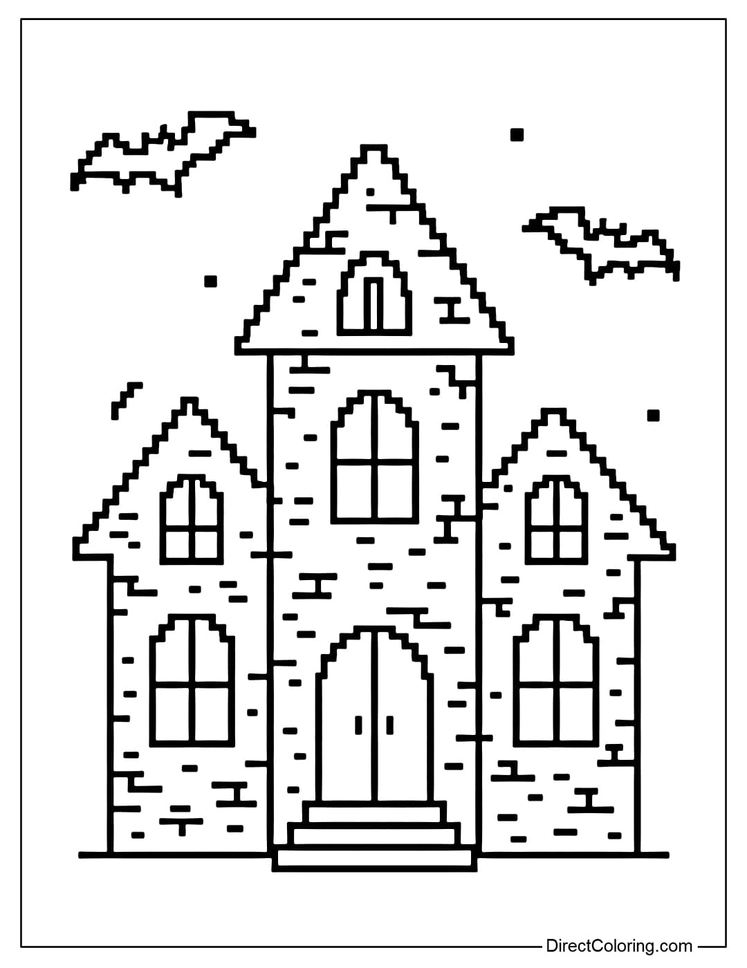 Pixel haunted house coloring page, old walls, flickering windows, some bats flying around.