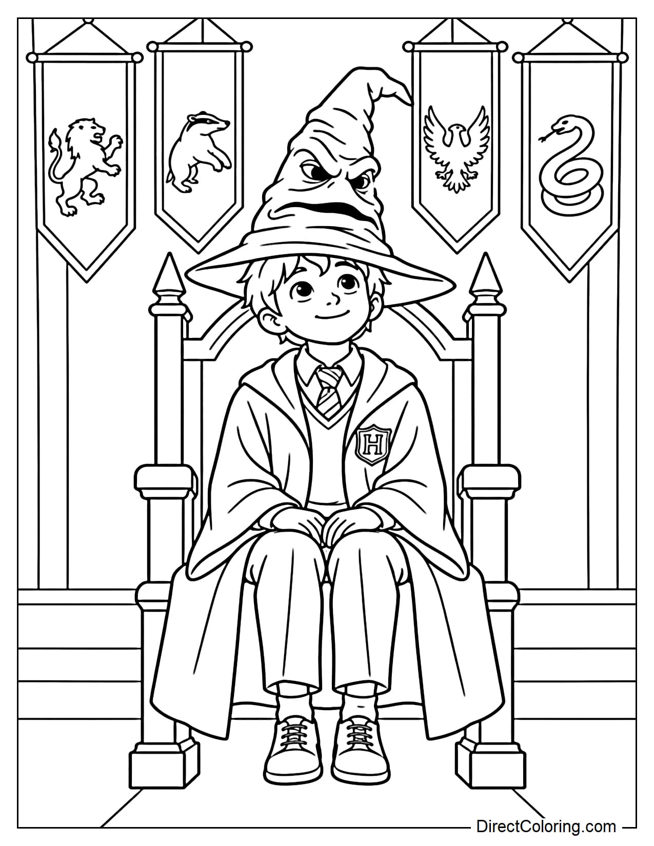 A Hogwarts student is sitting on a large chair with the Sorting Hat on their head. The hat has its distinctive face and tilts slightly downward, with a few Hogwarts banners in the background.