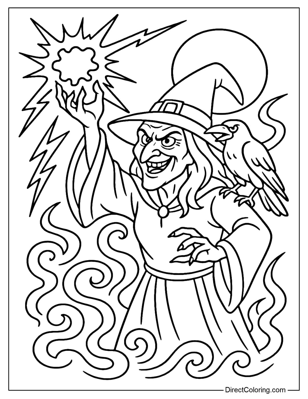 An evil witch coloring page raising her hand to cast black magic, surrounded by lightning and swirling smoke, with a crow on her shoulder.